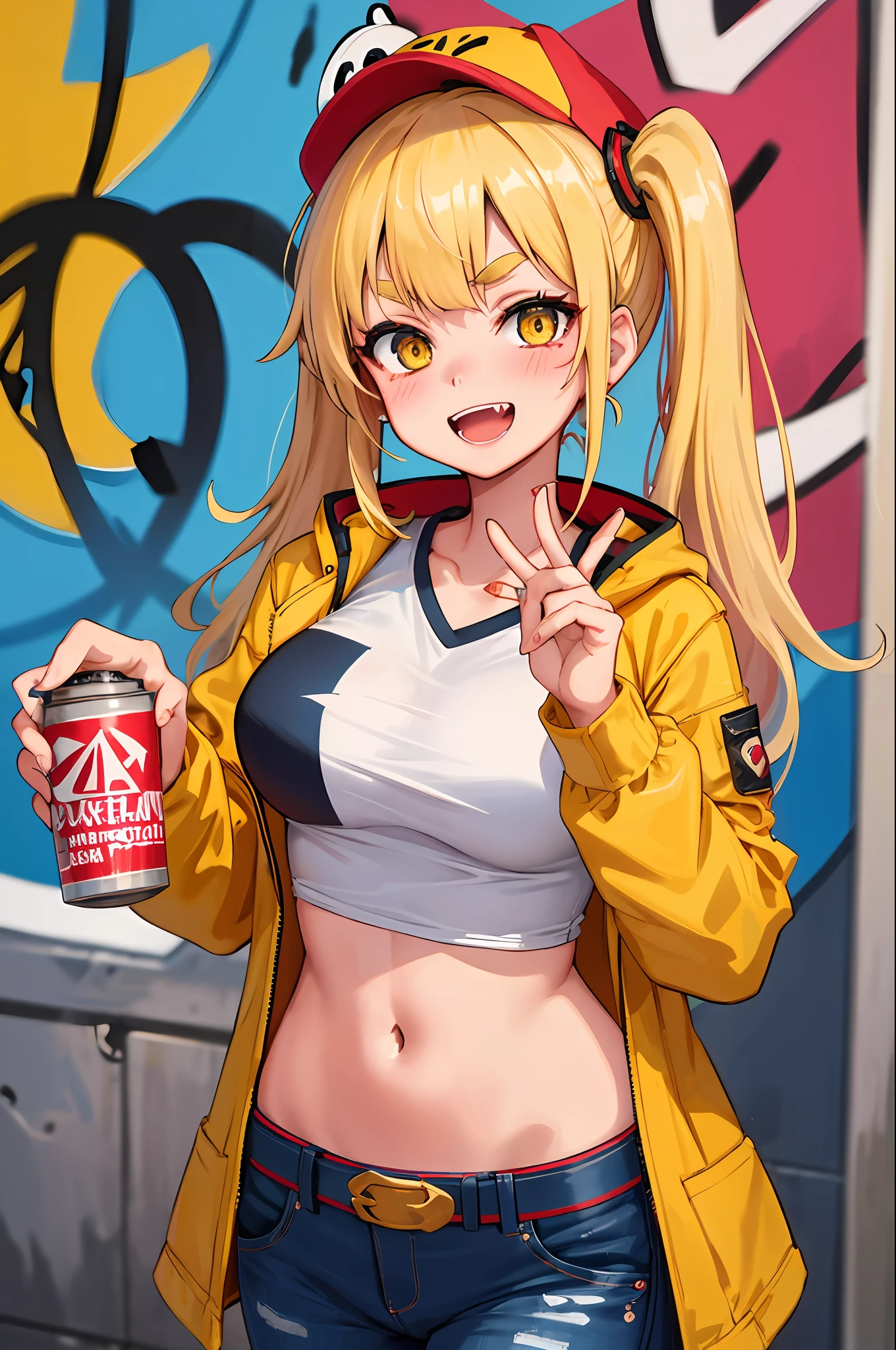Original Character, Volumetric Lighting, Best Shadows, Shallow Depth of Field, Portrait Of Stunningly Beautiful Girl, Petite, Delicate Beautiful Attractive Face With Alluring Yellow Eyes, Messy Painted Face, Sharp Eyebrows, Broadly Smiling, Open Mouth, Fangs Out, Lovely Medium Breasts, Layered Long Twintail Blond Hair, Blush Eyeshadow, Thick Eyelashes, Applejack Hat, Oversized Pop Jacket, Mini Underboob Tee, Open Navel, Slim Waist, Denim Jeans Pants, With Buckle Belt, In The Graffiti Alley, Waste Container, Outside Stairs, Outdoor Unit, Holding Spray Paint Can, Standing, (Highest Quality, Amazing Details:1.25), (Solo:1.3), Brilliant Colorful Paintings