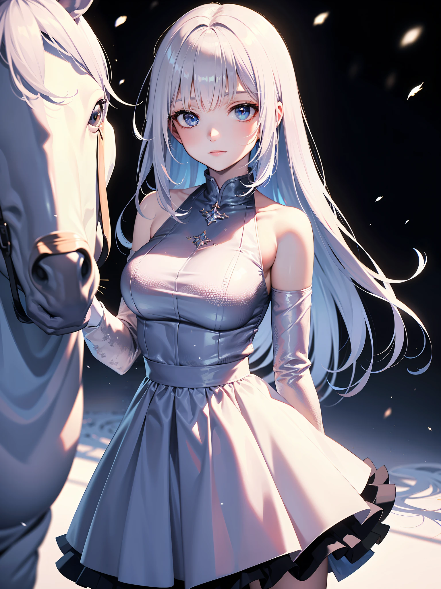beautiful, young woman, in the crystal and ice area, fluttering snow, horse riding, a white hourse, gradient hair, white hair, blue hair, long hair, eye reflection, disdain, ray tracing, reflection light, blurry, glowing light, depth of field, chiaroscuro, stereogram, zoom layer, cowboy shot, f/2.8, bokeh, masterpiece, best quality, high quality, HD
