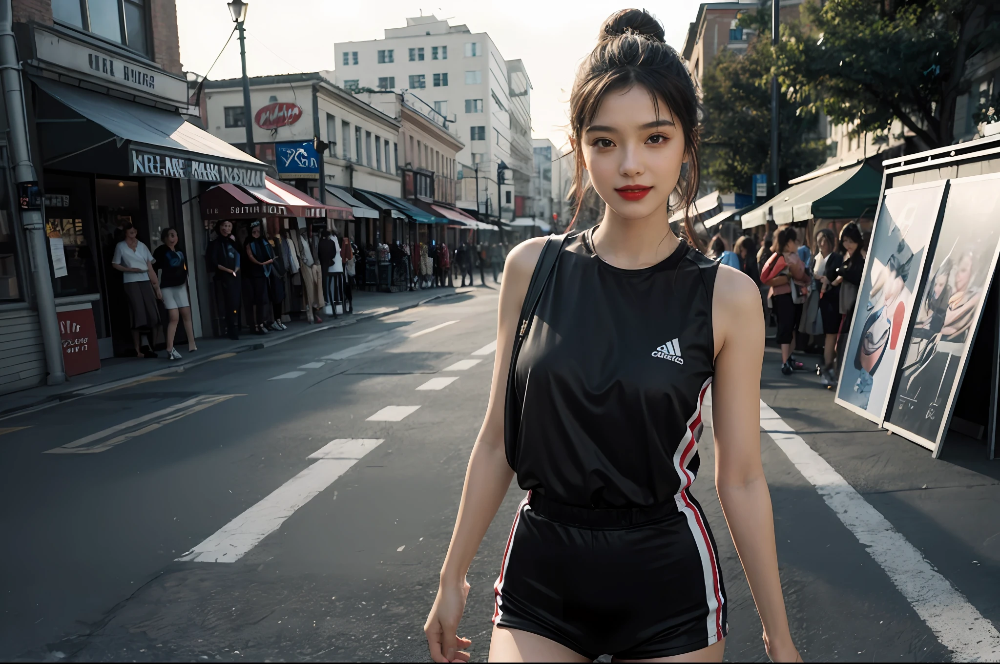 best quality, masterpiece, high resolution,4k,1girl, ultra-detailed, surreal, highly detailed CG illustration, official art, cinematic light, reality, fashionable wear, perfect figure, walking, smile, sports fashion clothes, confidence, head up, sexy legs, red lips, high cold, extremely detailed face, extremely detailed skin texture, realistic geographical scene,
