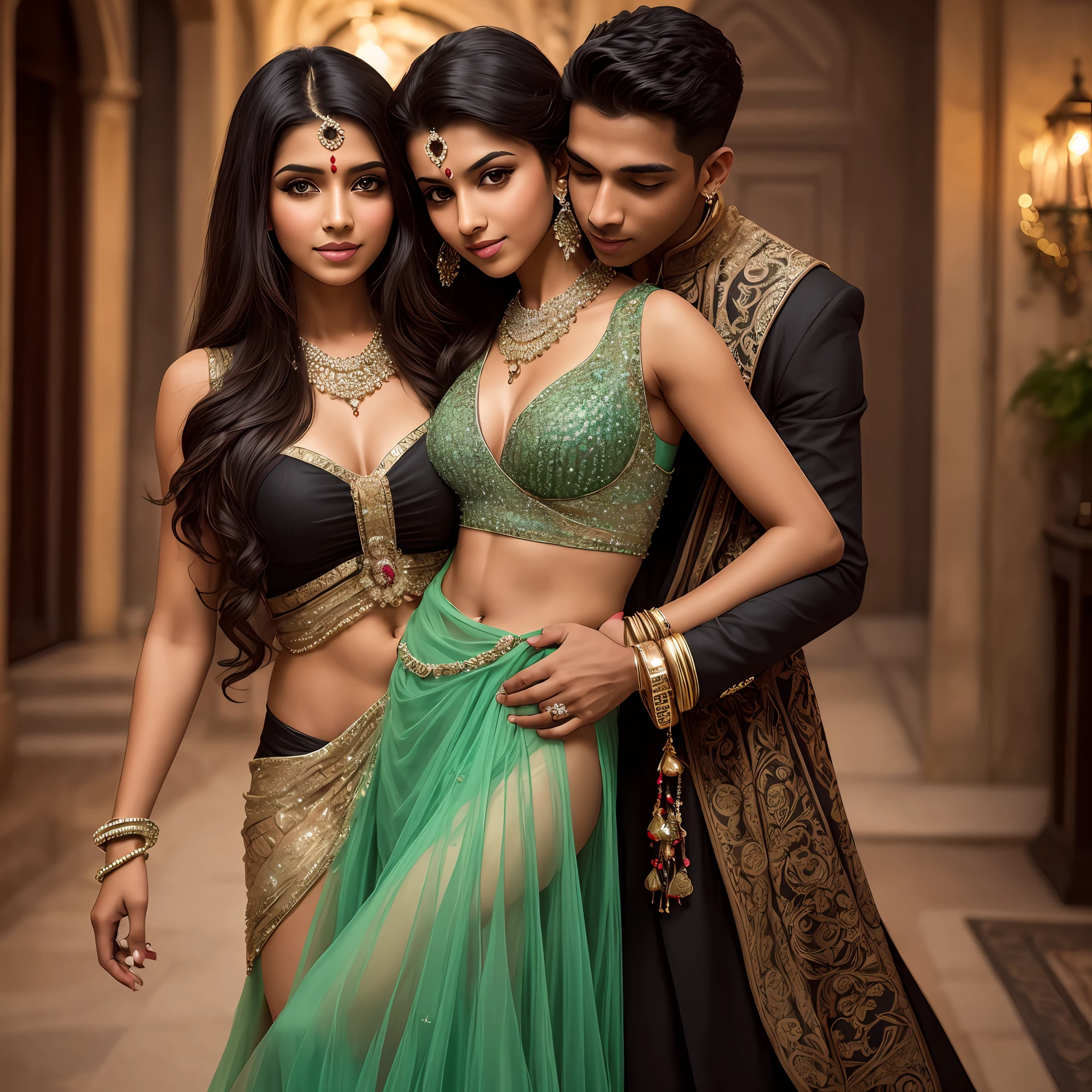 "Indian princess showcasing her toned stomach and long legs, adorned in an elegant jeweled light green dress, with black boy. Hugging pose in front of camera realistic image