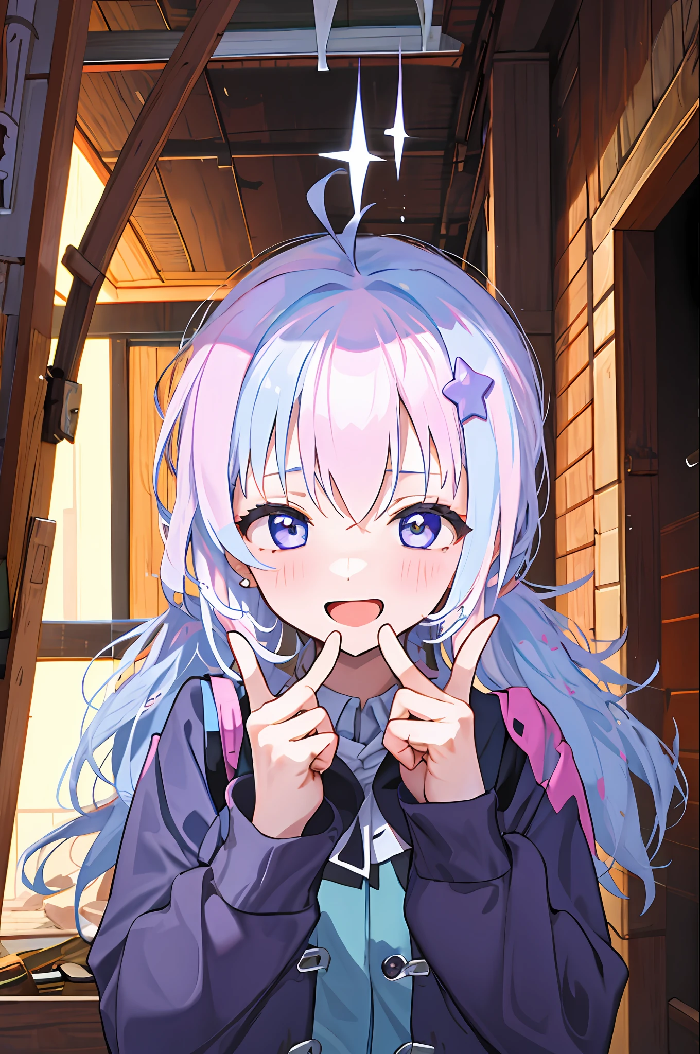 masterpiece, best quality, ultra-detailed, 1girl, uzawa reisa, indoors, purple eyes, cute face, piece fingers