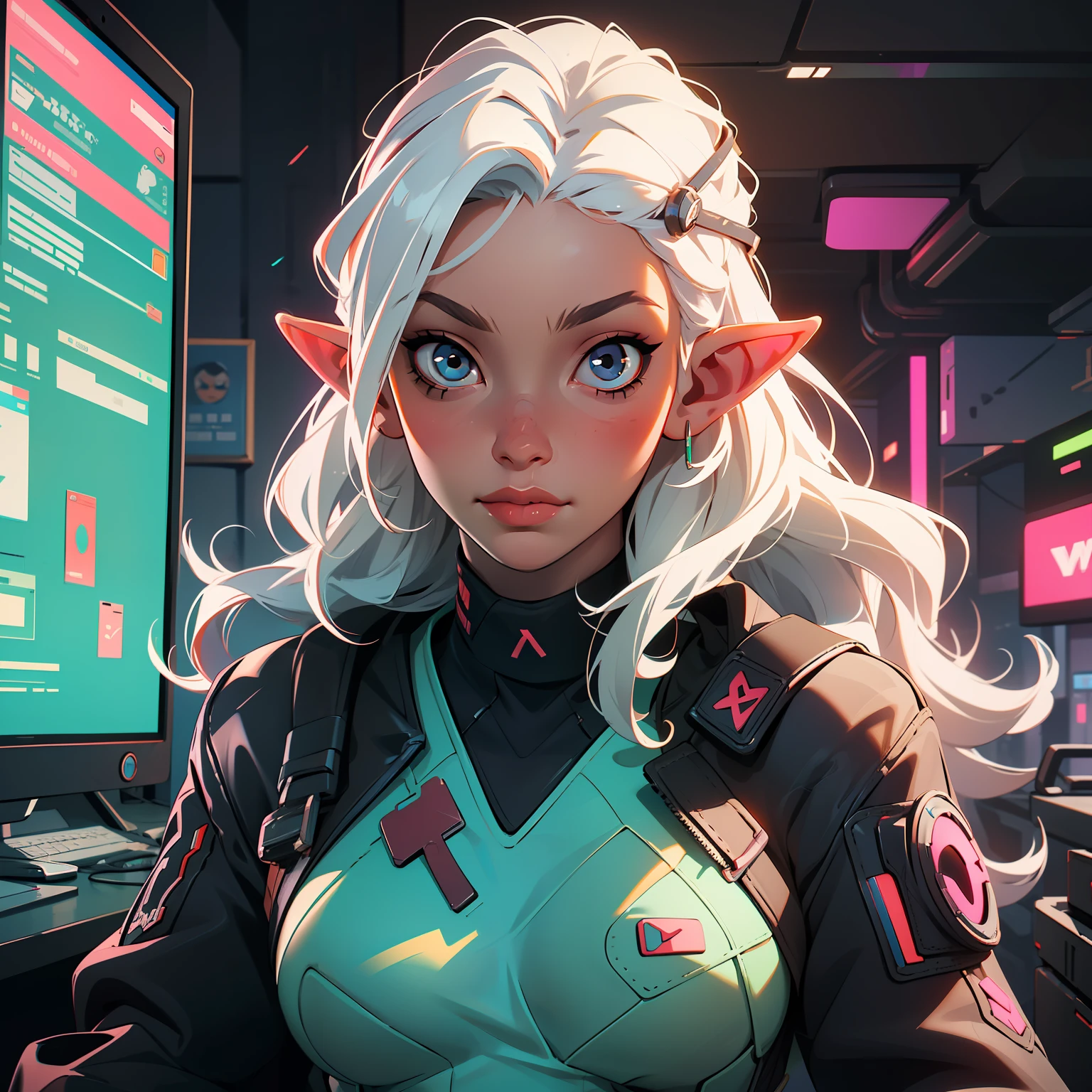((masterpiece)), ((best quality)), ((ultra high resolution)), a woman, elf, cyberpunk clothes 2077, inside a cyberpunk house 2077, very detailed background, detailed skin, detailed face, gorgeous, messy, long white hair, dynamic poses, hacker, hologram, futuristic clothes
