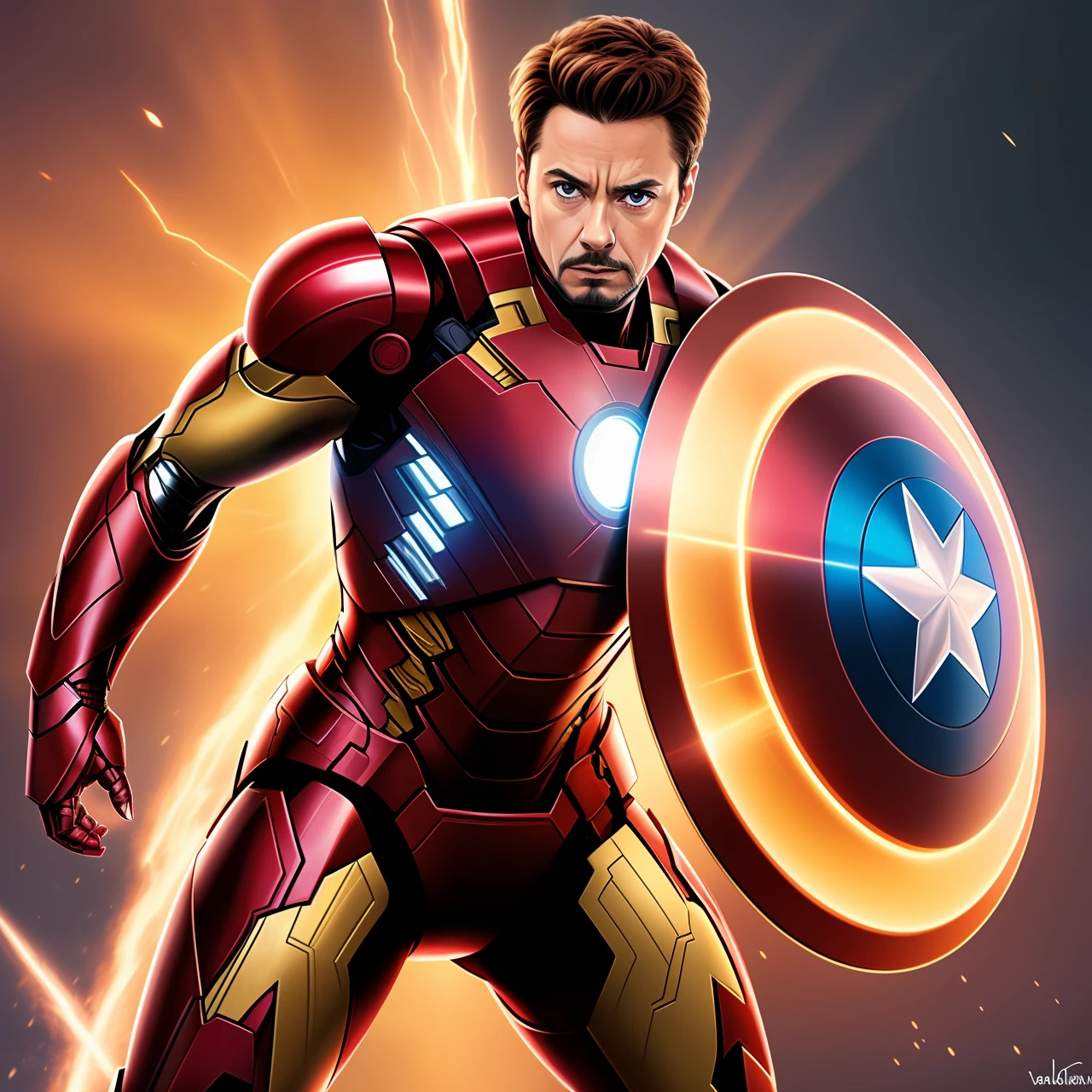 Iron Man from another dimension with all the infinity stones. Fighting against all the Avengers, with the armor of the golden color and the shield of Captain America Image in 4k and realistic well detailed