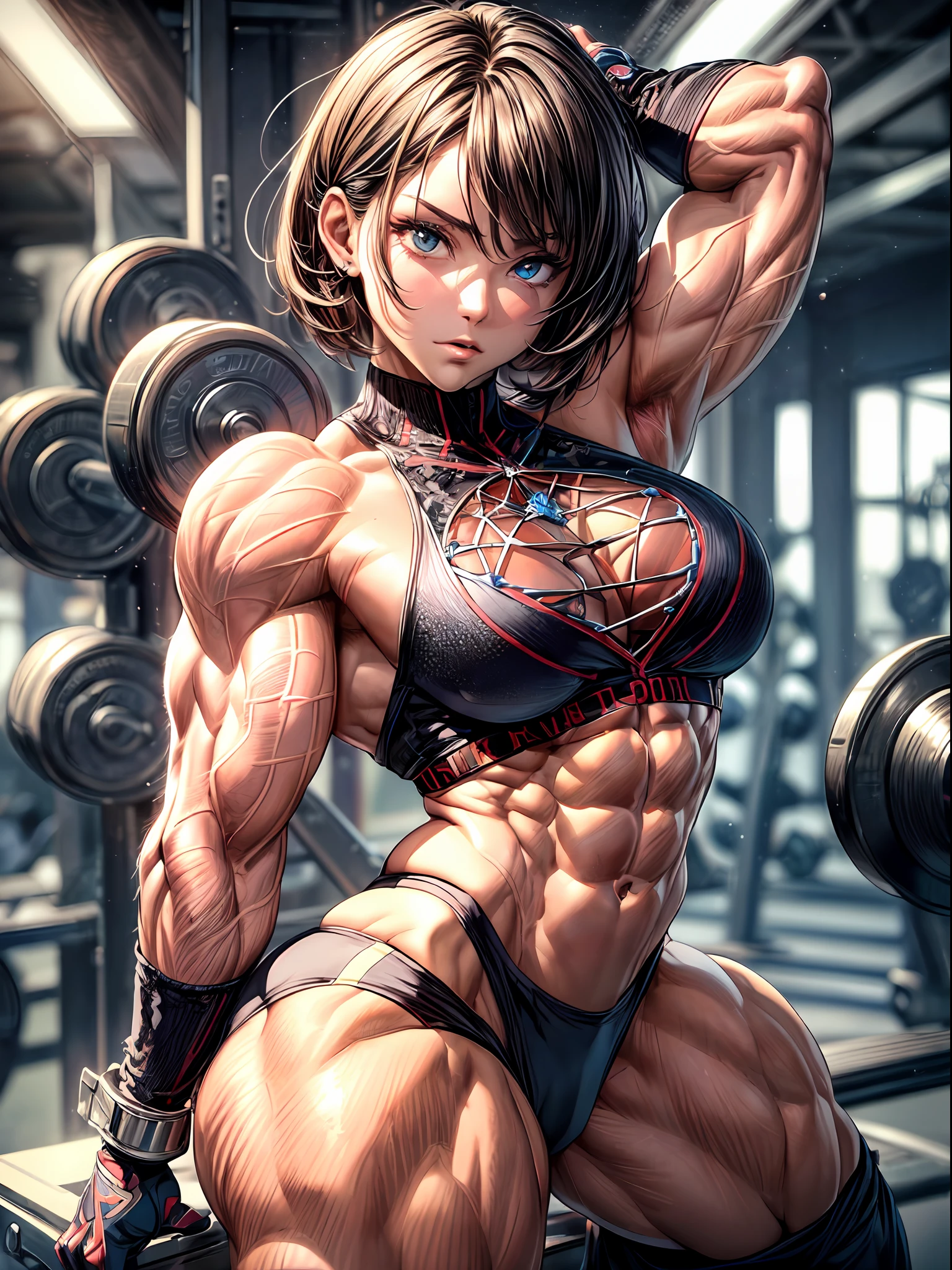 ((Best quality)), ((masterpiece)), ((highly intricate details)),beautiful, high quality, highres, absurdres, light difussion, intricate details, complex details, ((anime)), (anime:1.2) , (perfect face:1.3), extreme detailed eyes, colorful, highest detailed, vibrant colors, high contrast, (8K UHD:1.2), (photorealistic:1.2),(masterpiece:1.4), (best quality:1.4), . ((masterpiece:1.4, best quality:1.2)), 1girl, (masterpiece), (best quality), (ultra detailed), 1girl, slim, black sports clothing, Intricate clothing, gym background, large breasts, blurry background, solo focus ,((, muscular, abs, muscular , sixpack, crazy muscle,busty)),((body builder:1.68)),full body,bob hair, not cropped, dynamic pose, girl pose, flexing muscle,closed up,((short hair)