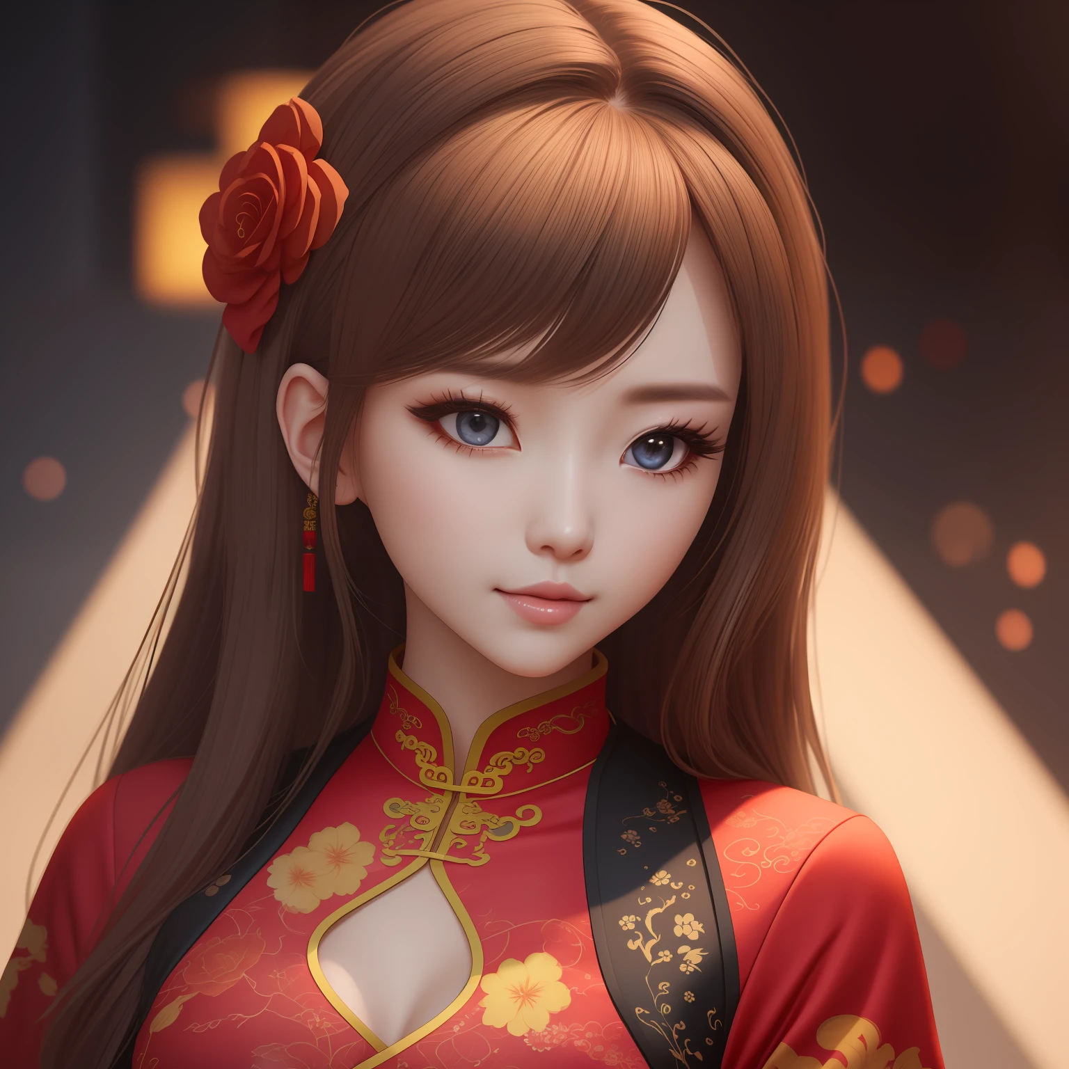 cute, girl,China Cheongsam,portrait,production cinematic character render, ultra high quality model, clean detailed faces, intricate clothing, analogous colors, glowing shadows, depth of field, high quality, high detail, high definition, Luminous Studio graphics engine, cute face, slim waist, nice hips,