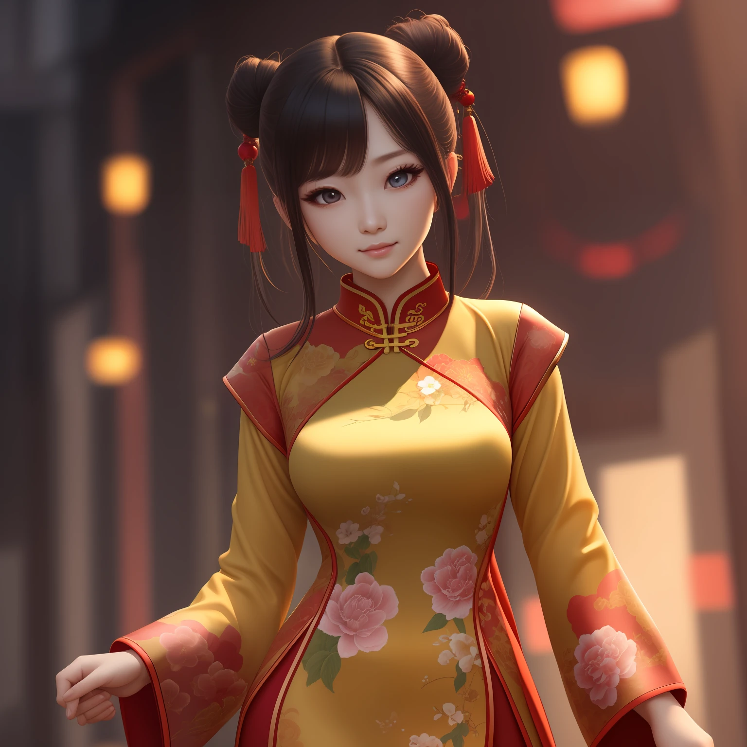 cute, girl,China Cheongsam,portrait,production cinematic character render, ultra high quality model, clean detailed faces, intricate clothing, analogous colors, glowing shadows, depth of field, high quality, high detail, high definition, Luminous Studio graphics engine, cute face, slim waist, nice hips,