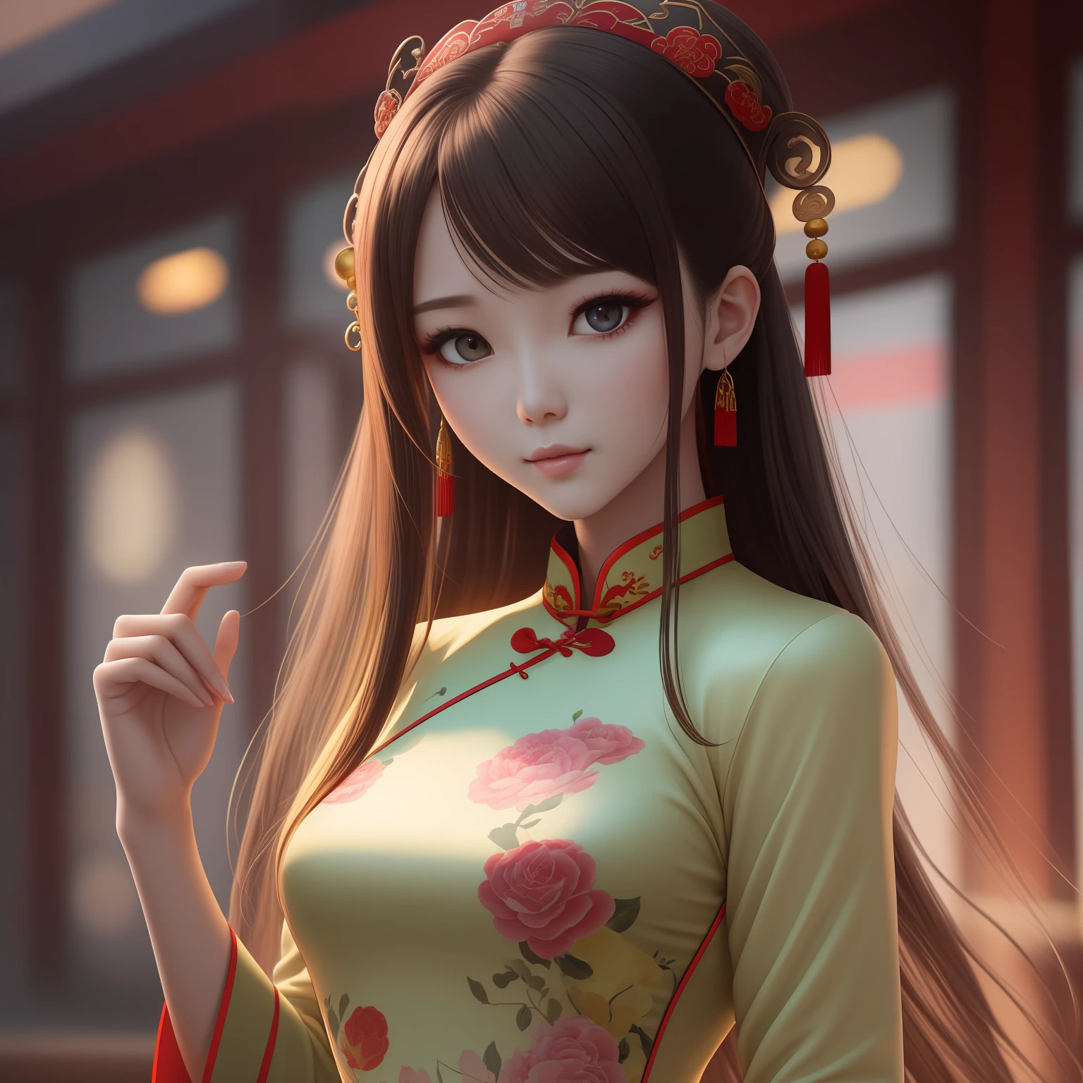 cute, girl,China Cheongsam,portrait,production cinematic character render, ultra high quality model, clean detailed faces, intricate clothing, analogous colors, glowing shadows, depth of field, high quality, high detail, high definition, Luminous Studio graphics engine, cute face, slim waist, nice hips,