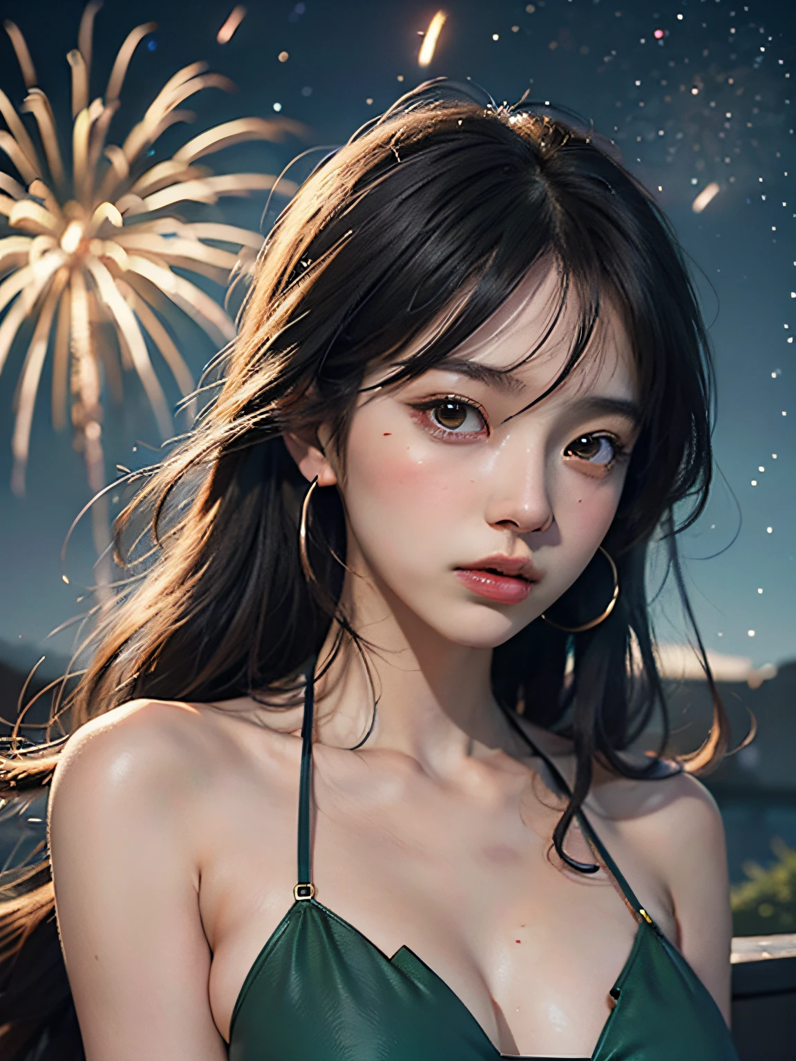 Anime girl in green bikini, shoulder look, anime drawing by Yang J, pixiv contest winner, serial art, digital anime illustration, kawashi, anime style illustration, anime style 4K, beautiful anime portrait, anime style portrait, anime style artwork, Guweiz style artwork, anime illustration, digital animation art, detailed digital anime art, beautiful starry sky, fireworks
