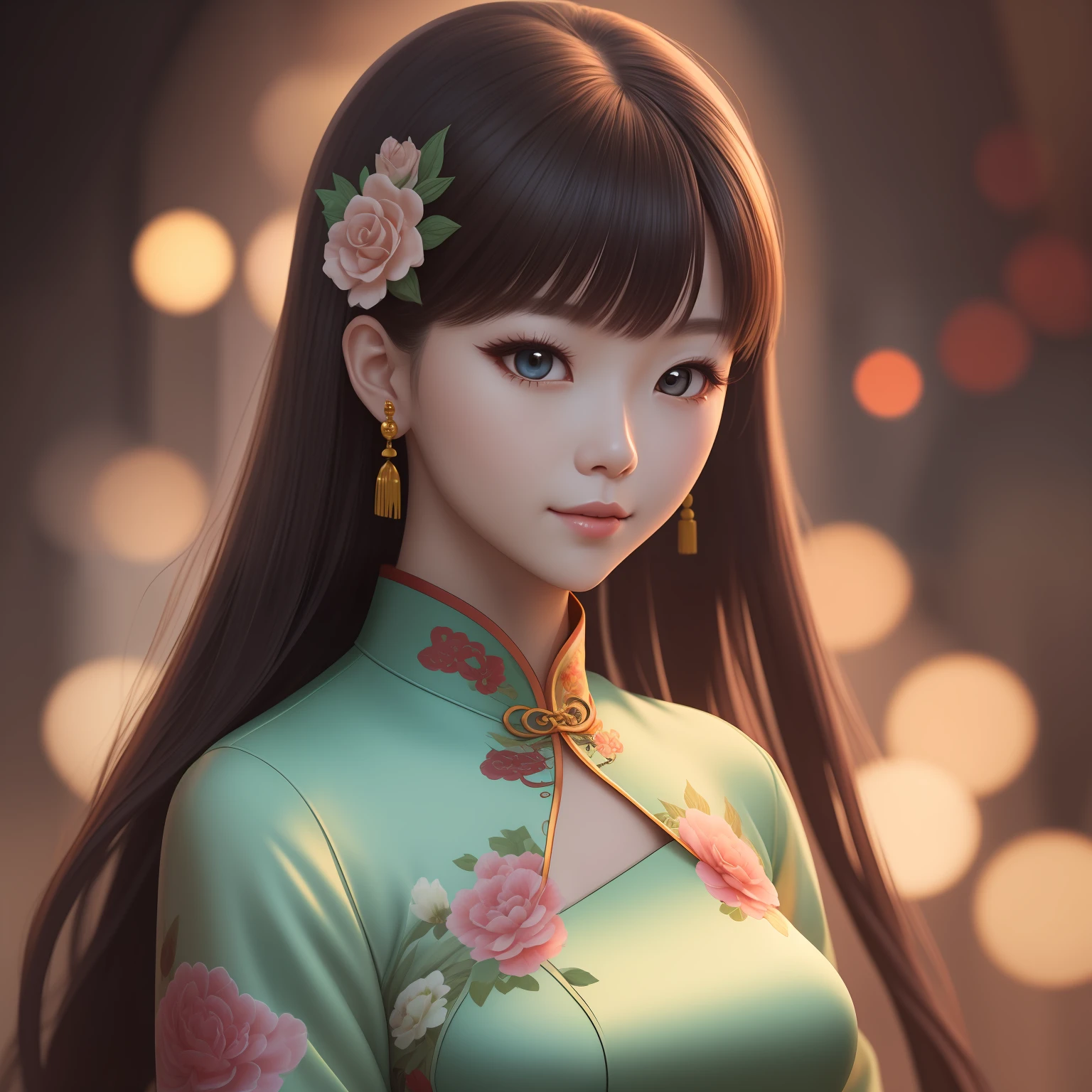cute, girl,China Cheongsam,portrait,production cinematic character render, ultra high quality model, clean detailed faces, intricate clothing, analogous colors, glowing shadows, depth of field, high quality, high detail, high definition, Luminous Studio graphics engine, cute face, slim waist, nice hips,