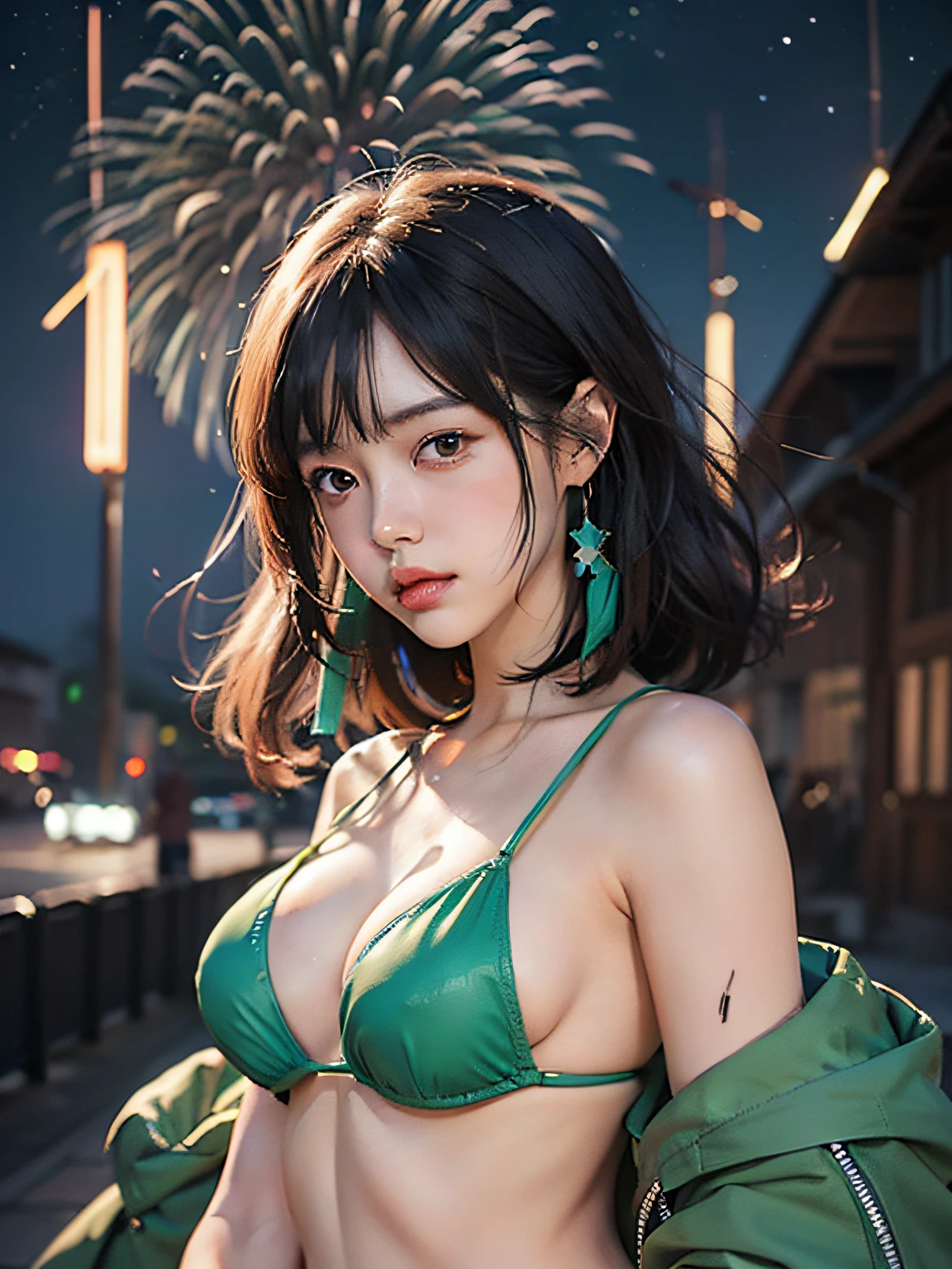 Anime girl in green bikini, shoulder look, anime drawing by Yang J, pixiv contest winner, serial art, digital anime illustration, kawashi, anime style illustration, anime style 4K, beautiful anime portrait, anime style portrait, anime style artwork, Guweiz style artwork, anime illustration, digital animation art, detailed digital anime art, beautiful starry sky, fireworks