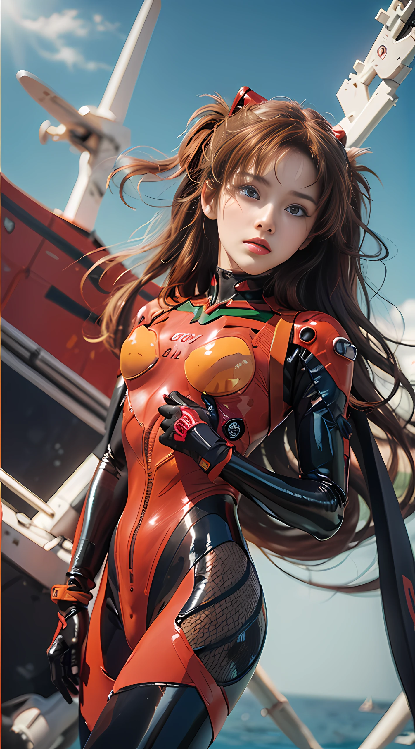 (((Whole body:1.1))))), ((Real)))),Photos, Best Quality, 1 Female,(from below),((cameltoe))(erect)),Long legs,perfect anatomy,ultra detailed face, detailed lips, detailed eyes, double eyelids, (((beautiful face, beautiful eyes, blue eyes))(see through)))(crimson bodysuit, Crimson latex suit, crimson enamel suit))), (glossy), delicate clothing wrinkles, twin-tailed, slender waist, top quality, pale skin, (Su-Liu Aska Langle, plug suit 02), fishnet stockings,(Navy aircraft carrier background,sea background, strong sunlight), sunlight,(face and eye details:1.1), self-righteous, blush, (((shy)), Very delicate and beautiful girl, stand,open legs,(to8 contrast style),