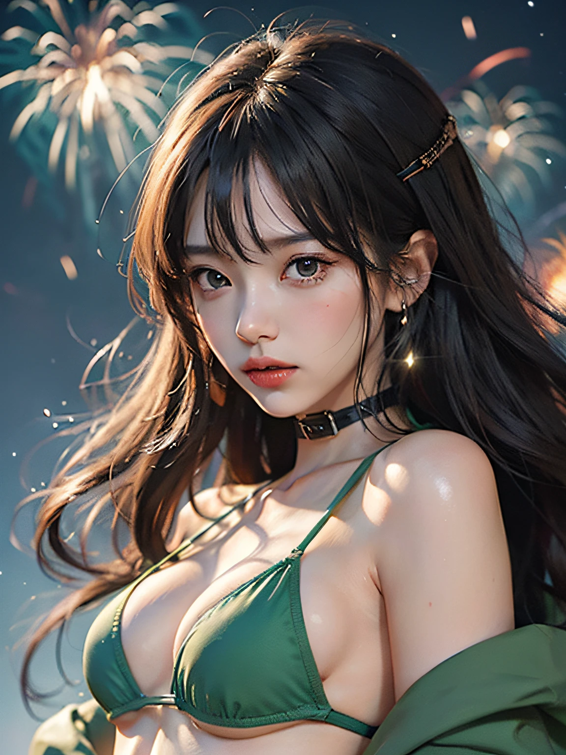 Anime girl in green bikini, shoulder look, anime drawing by Yang J, pixiv contest winner, serial art, digital anime illustration, kawashi, anime style illustration, anime style 4K, beautiful anime portrait, anime style portrait, anime style artwork, Guweiz style artwork, anime illustration, digital animation art, detailed digital anime art, beautiful starry sky, fireworks