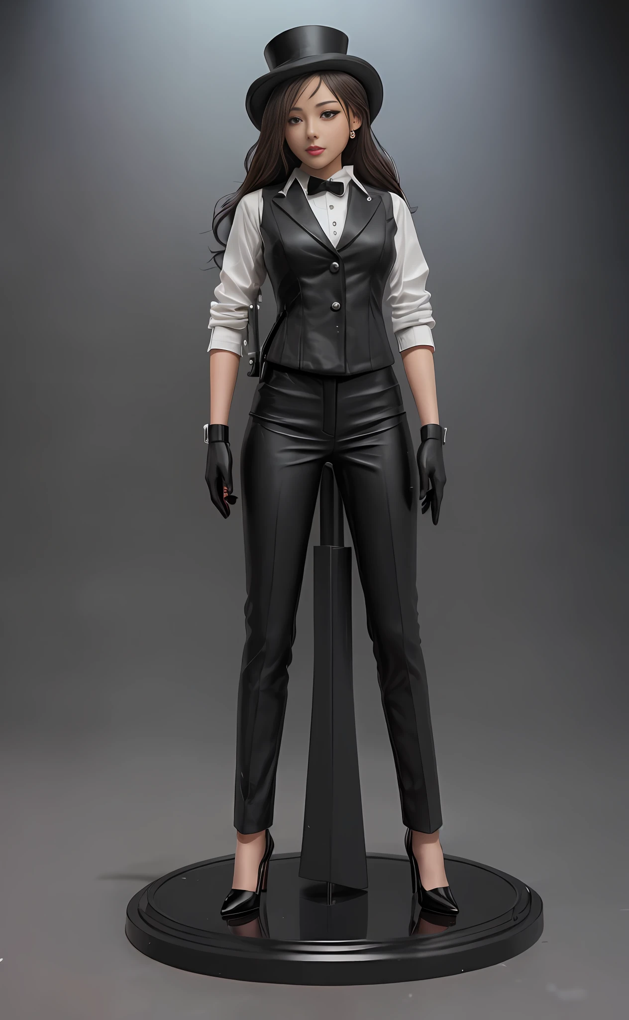 There is a woman in a black suit and a black top hat with a gun, busty breasts, detailed images, mechanical punk costume, suit vest and top hat and gloves, full body 1/6 Nihei Tsutomu, very detailed and rich costumes, costumes, detailed pictures, detective costumes, women's costumes, detail textures, very detailed and high quality, (highly detailed figures)