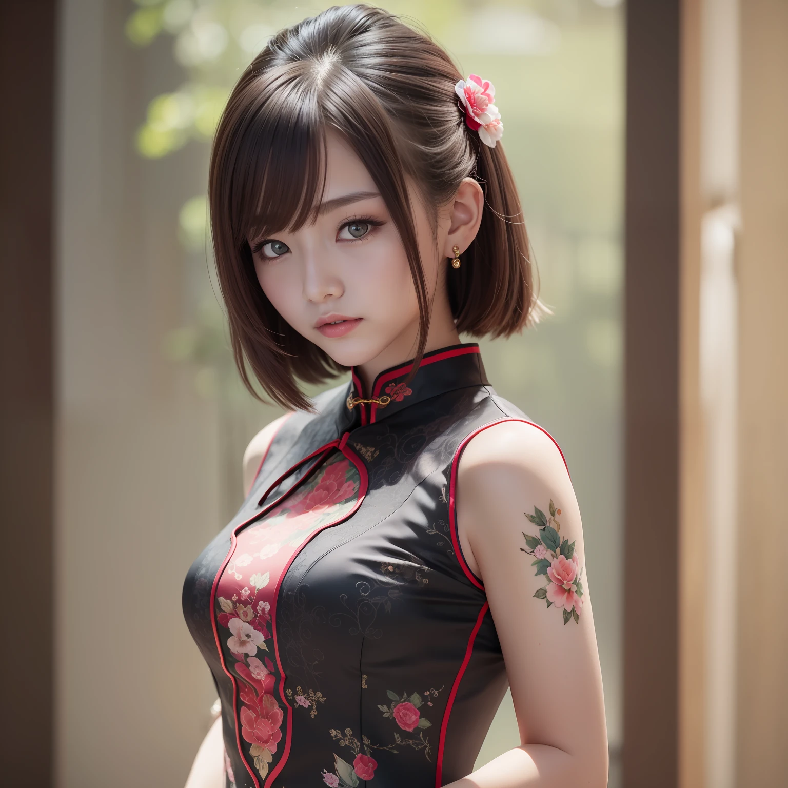 cute, girl,China Cheongsam,portrait,production cinematic character render, ultra high quality model, clean detailed faces, intricate clothing, analogous colors, glowing shadows, depth of field, high quality, high detail, high definition, Luminous Studio graphics engine, cute face, slim waist, nice hips,
