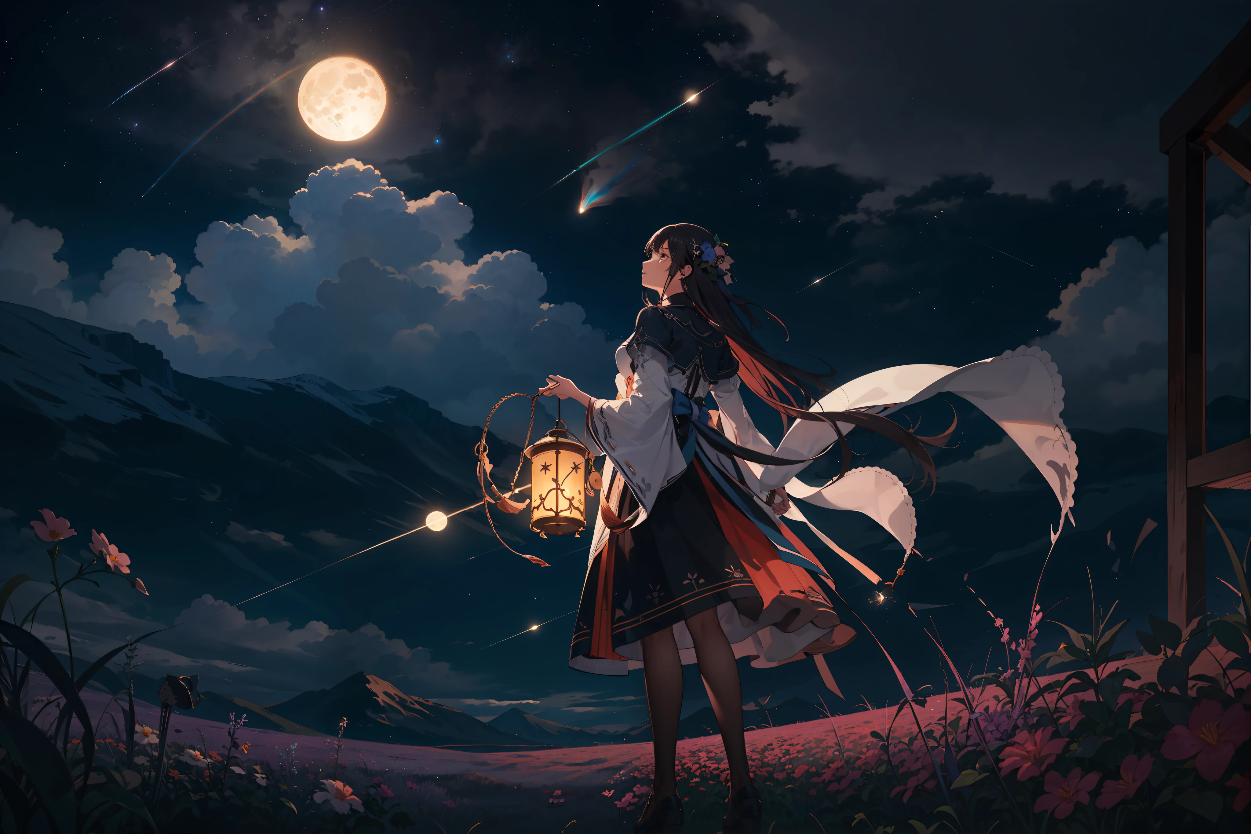 A wide landscape photo, (viewed from below, the sky is above, and the open field is below), a girl standing on a flower field looking up, (full moon: 1.2), (meteor: 0.9), (nebula: 1.3), distant mountains , Trees BREAK Crafting Art, (Warm Light: 1.2), (Firefly: 1.2), Lights, Lots of Purple and Orange, Intricate Details, Volumetric Lighting BREAK (Masterpiece: 1.2), (Best Quality), 4k, Ultra Detailed, (Dynamic Composition: 1.4), Rich in Detail and Color, (Rainbow Color: 1.2), (Glow, Atmospheric Lighting), Dreamy, Magical, (Solo: 1.2)