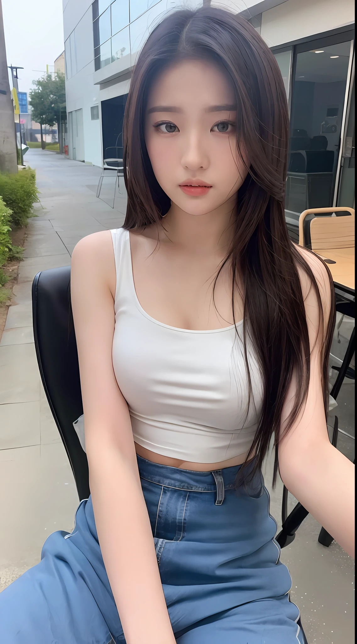 ((Best quality, 8k, Masterpiece :1.3)), Sharp focus:1.2, Perfect Body Beauty:1.4, Slim Abs:1.2, ((Layered hairstyle, Breasts:1.2)), (Tank top shirt:1.1 ), (Street:1.2), Highly detailed face and skin texture, Fine eyes, Double eyelids, Seduction, short skirt, flight attendant, long brown hair, office chair, hip skirt, Beautiful breasts without leakage, high-definition facial features, 8K, white high neck tight short sleeves
