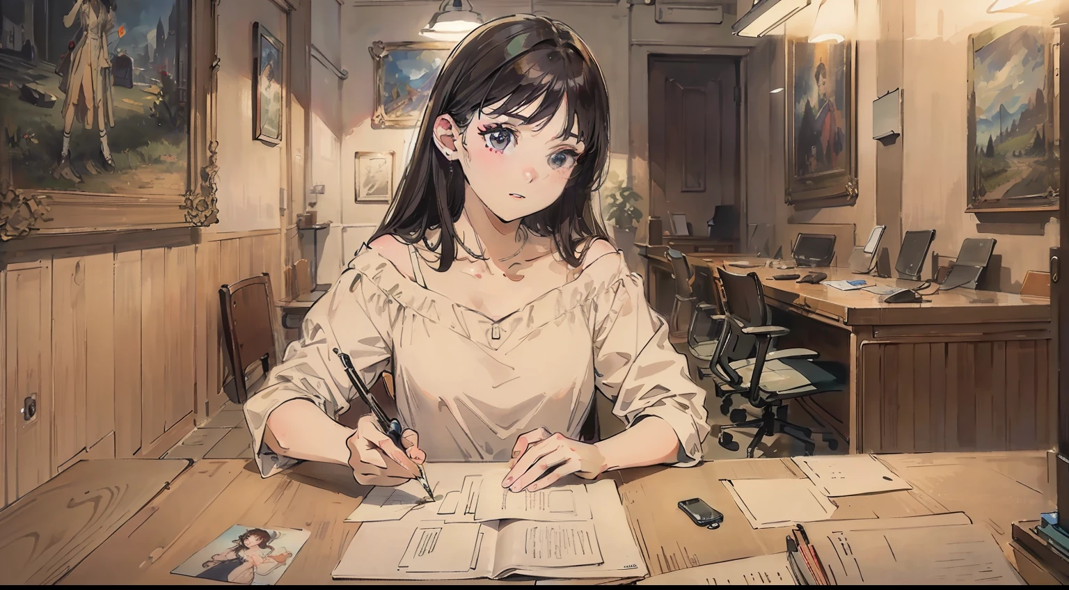 masterpiece, top quality, very delicate and beautiful, super definition, highest quality, high resolution, very elaborate, highest quality, illustration, impasto, realism, realistic, mobile phone on desk without person