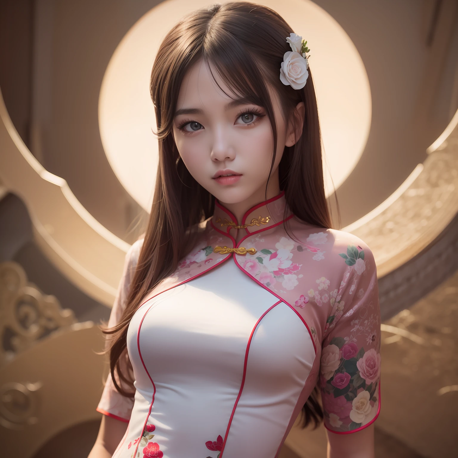 cute, girl,China Cheongsam,portrait,production cinematic character render, ultra high quality model, clean detailed faces, intricate clothing, analogous colors, glowing shadows, depth of field, high quality, high detail, high definition, Luminous Studio graphics engine, cute face, slim waist, nice hips,