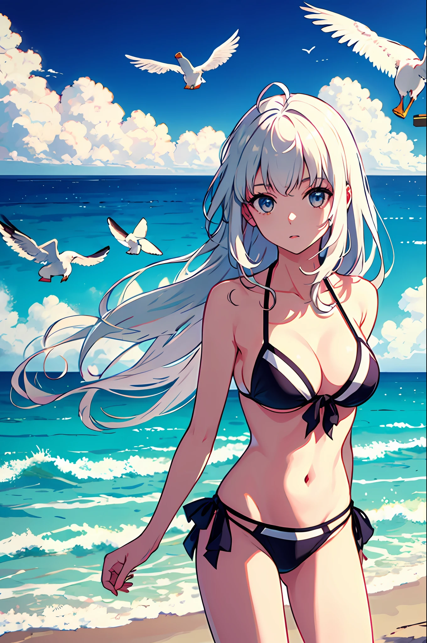 1 Girl, Seagull, Epilogue, Ocean, Bikini, Normal, Long Hair, White Hair, Dull Hair