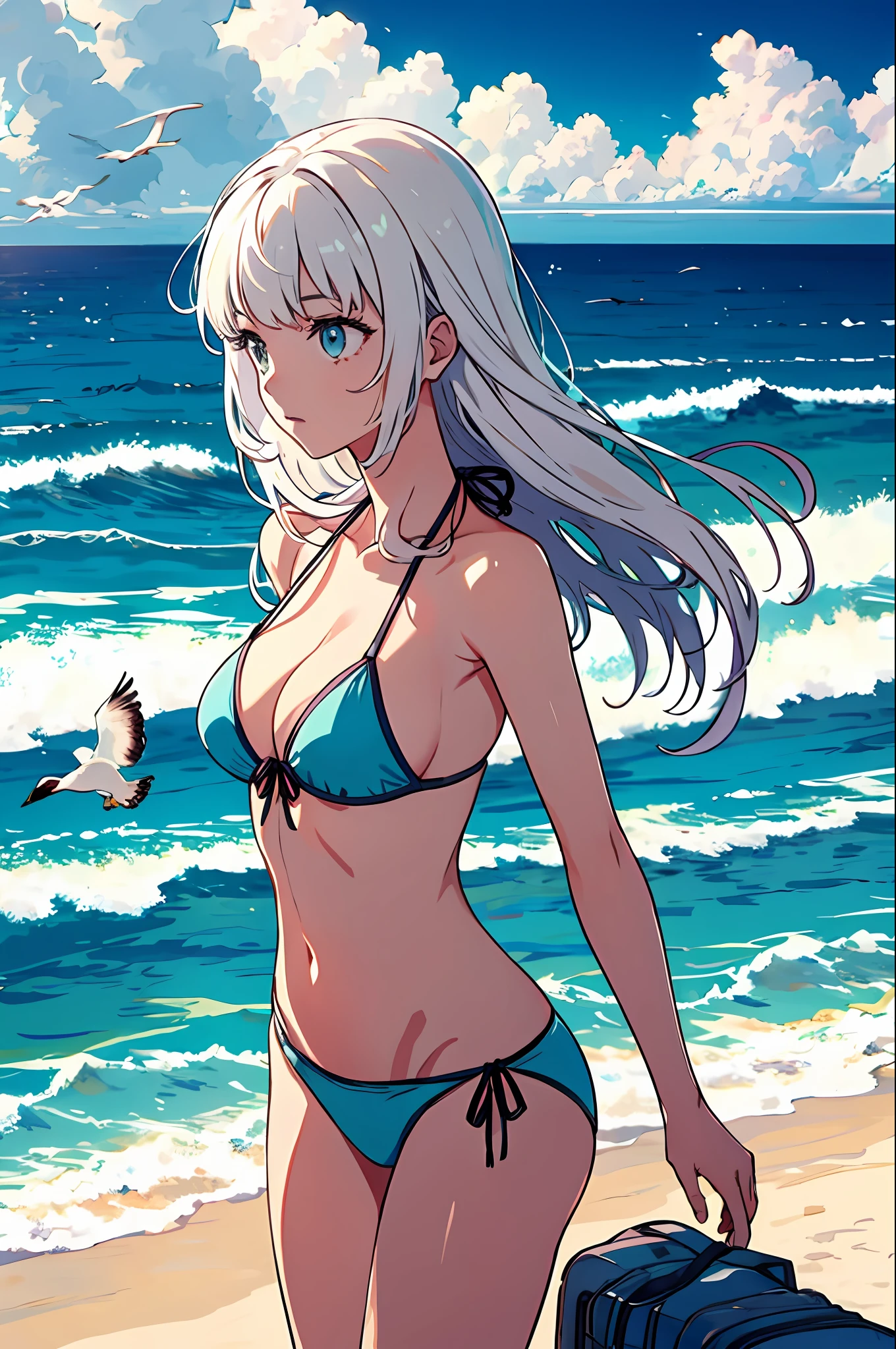 1 Girl, Seagull, Epilogue, Ocean, Bikini, Normal, Long Hair, White Hair, Dull Hair