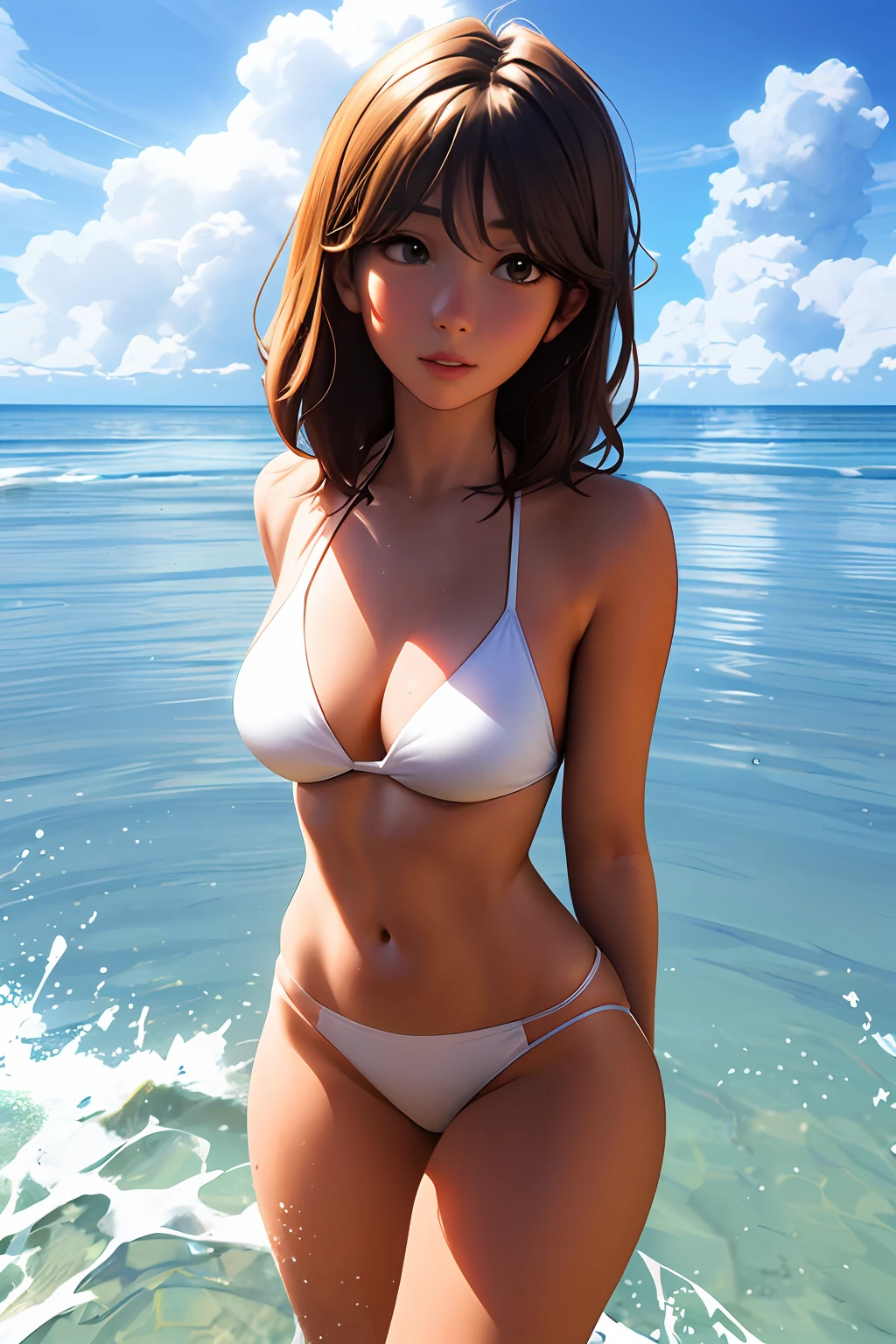 There is a woman in bikini standing in the water, realistic bikini, Asuka as a surfer model, wearing a swimsuit, highly detailed giantess shot, anime CGI style, anime girl walking on water, anime CGI, 3D anime realistic, realistic perfect body, surreal, giantess, woman oversized, very clear face.