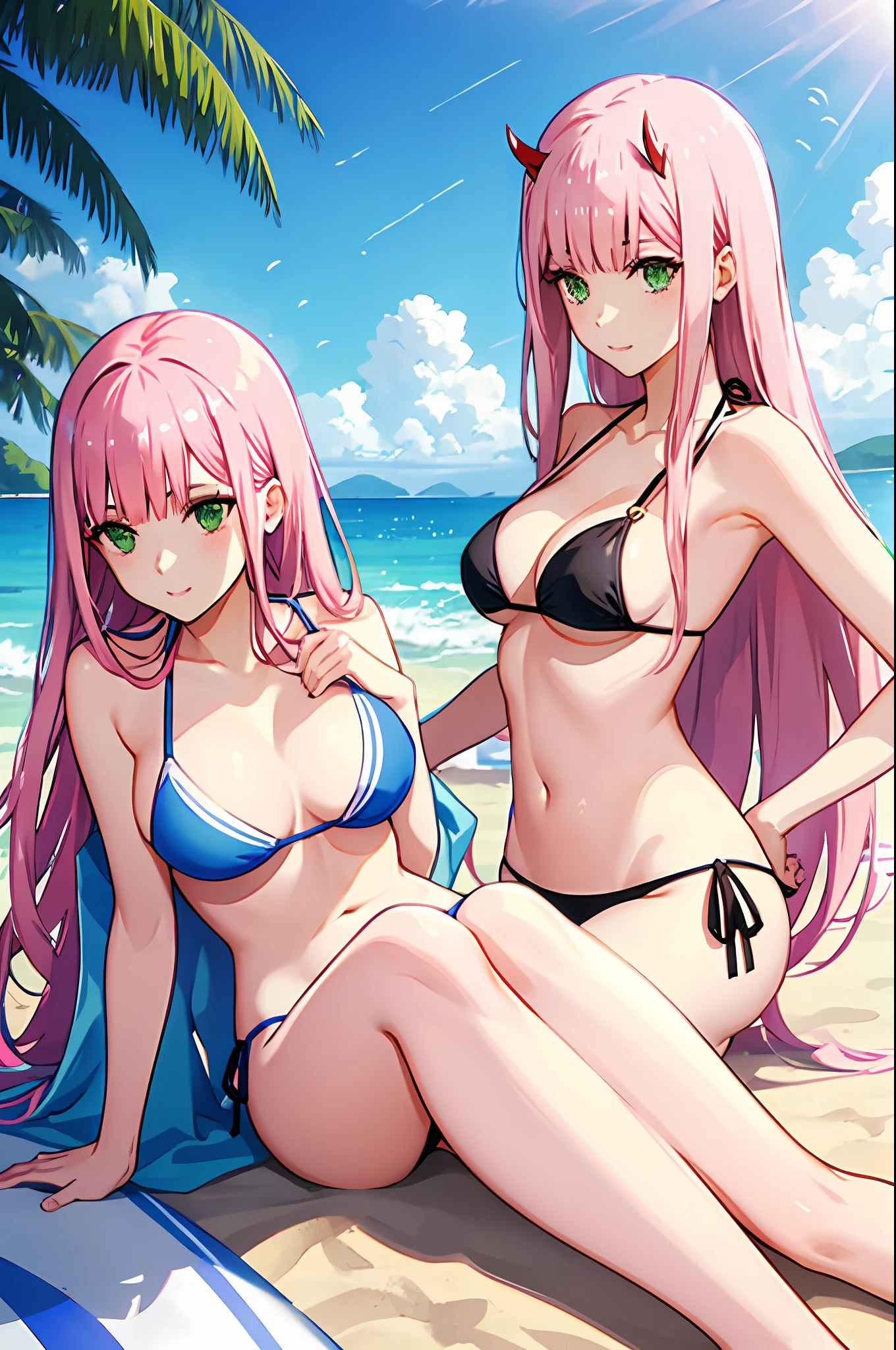 zero two, side tie bikini, medium breast, slim legs, sunny day, Beach, leaning, beautiful eyes, green eyes, nervous