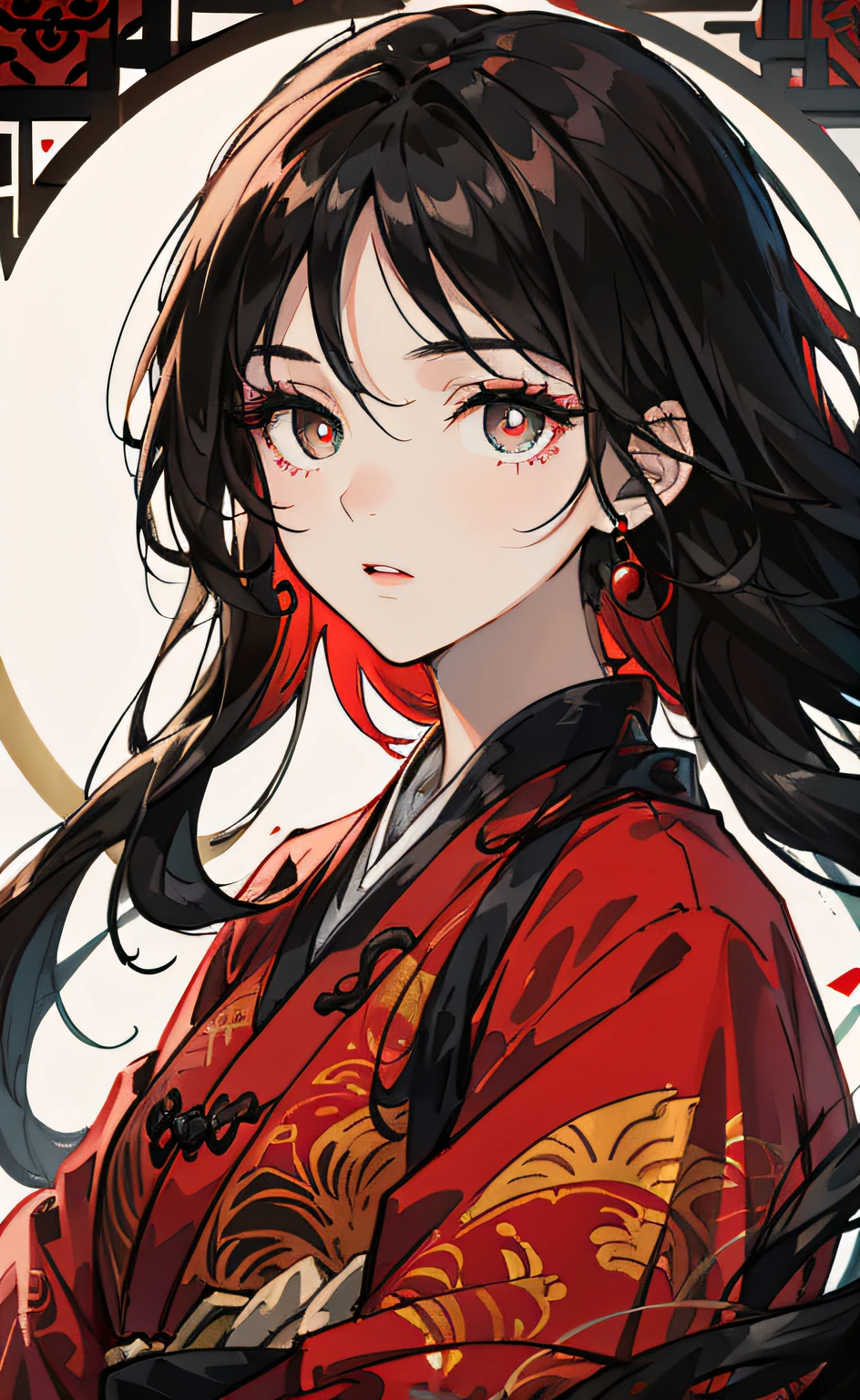 Mature girl, black hair, floating hair, delicate eyes, red pupils, heroine, black and red antique damask hanfu, FOV, f1.8, masterpiece, complex scene, gorgeous portrait shot