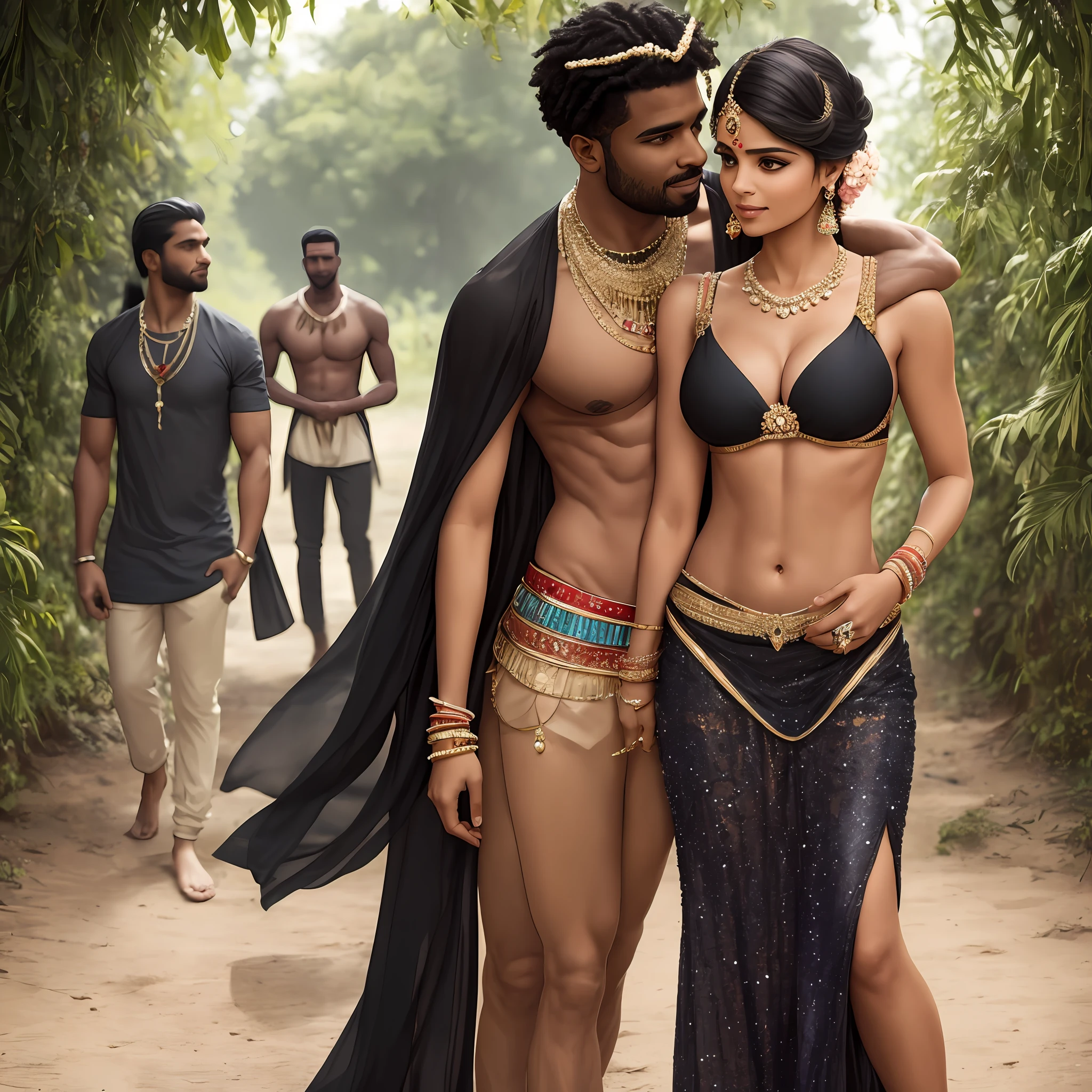 "A beautiful Indian princess in a stunning, jewel-adorned bikini-style dress, confidently showing off her toned stomach and long legs. She stands beside a handsome black man, hugging pose in front of camera realistic image detail image.