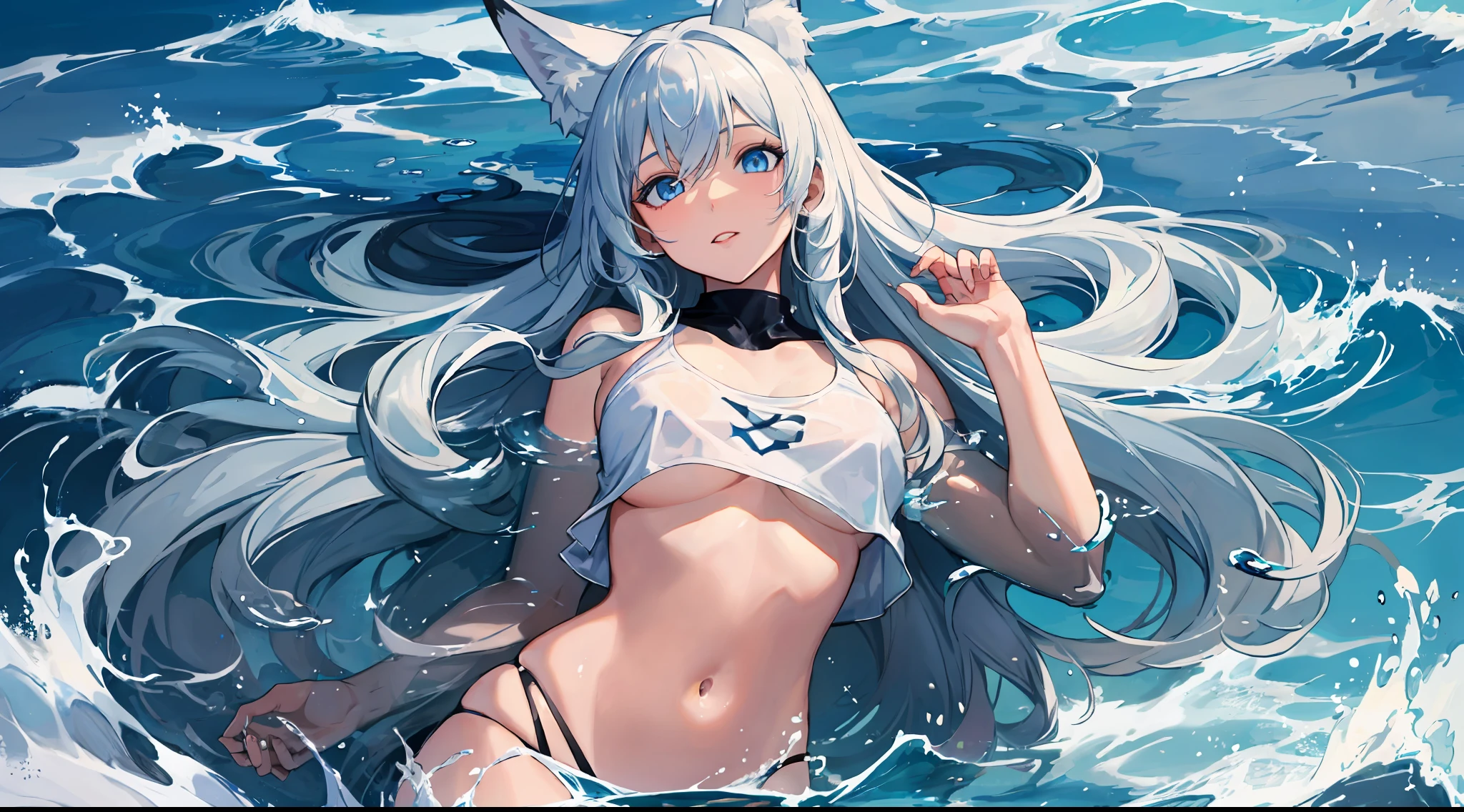 masterpiece, best quality, highres, extremely clear 8k wallpaper, blue sky, crystal clear beach, white sand, detailed face, ultra realistic, shapely, 1girl, bathing in the sea, (beautiful and detailed blue eyes:1.4), (silky long hair), (two-tone_hair and (silver hair:0.75), (blue hair:0.25)), upshirt, underboob, white swimming uniform, (white fox tail),