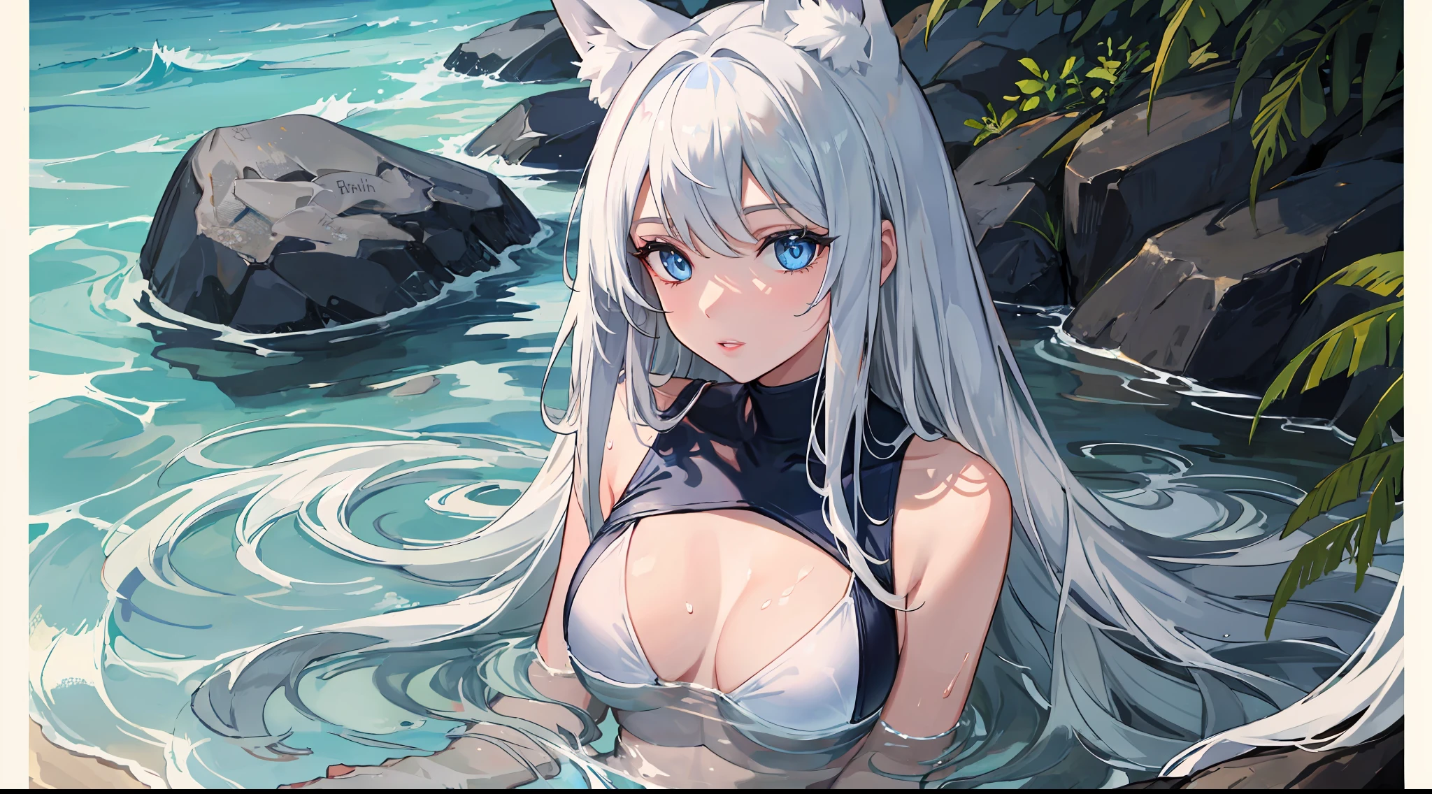 masterpiece, best quality, highres, extremely clear 8k wallpaper, blue sky, crystal clear beach, white sand, detailed face, ultra realistic, shapely, 1girl, bathing in the sea, (beautiful and detailed blue eyes:1.4), (silky long hair), (two-tone_hair and (silver hair:0.75), (blue hair:0.25)), upshirt, underboob, white swimming uniform, (white fox tail),