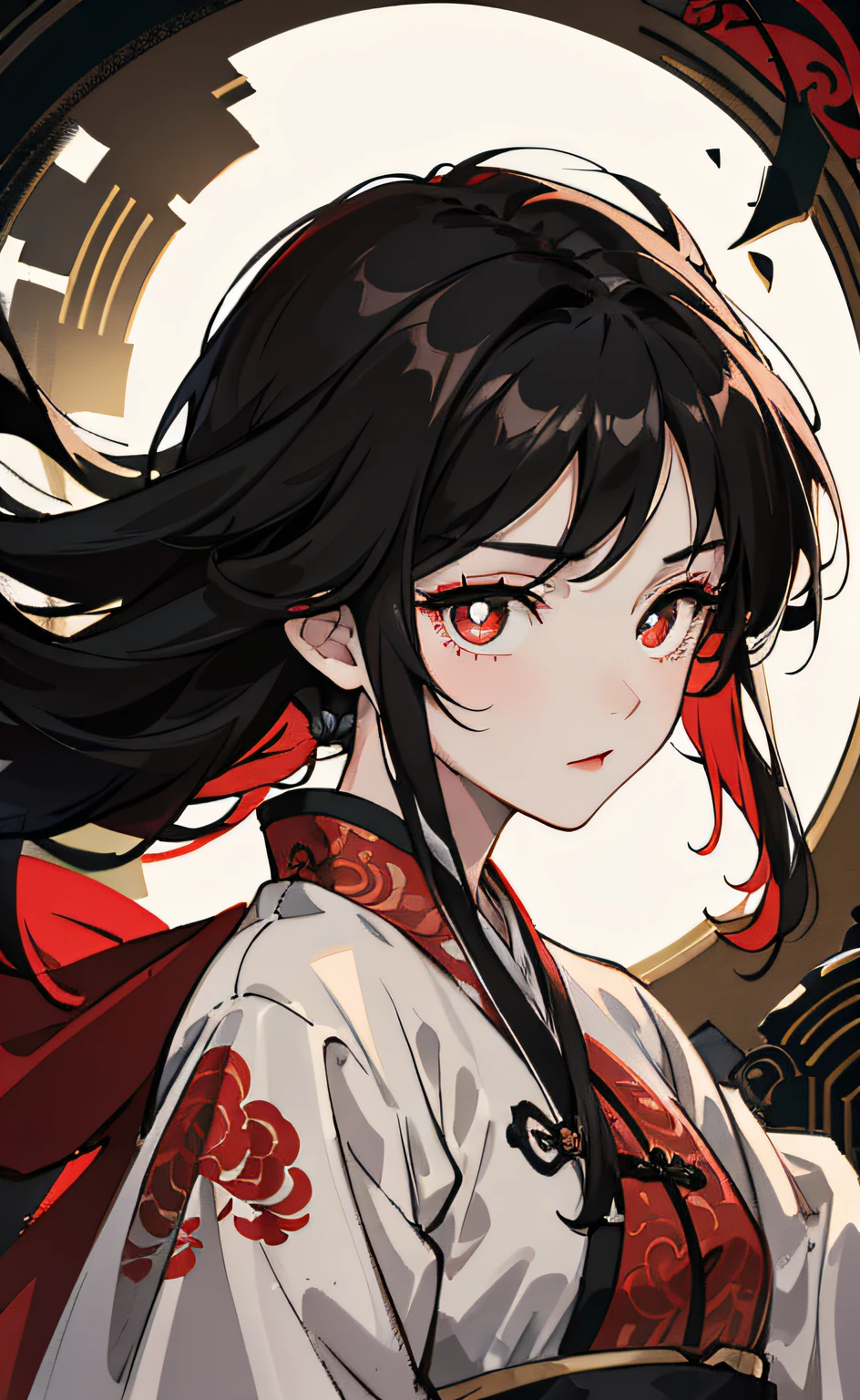 Mature girl, black hair, floating hair, delicate eyes, red pupils, heroine, black and red antique damask hanfu, FOV, f1.8, masterpiece, complex scene, gorgeous portrait shot