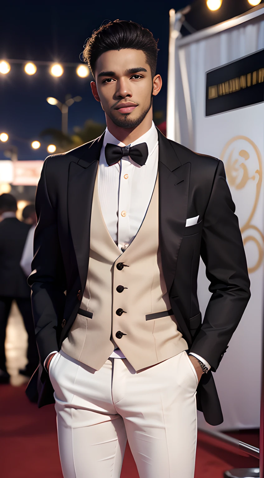 (cowboy shot), (one man), (Negro handsome muscular young man in his 20's) , Negro handsome gentleman in a white tuxedo, standing on the red carpet at the Academy Awards , mischievous smile, (small details: 1 in 1), natural muscles, higher quality, beautiful eye, (Detailed face and eyes), (face、: 1 of 2), noise, real pictures、... ...PSD, Sharp Focus, High Resolution 8k, Real & Professional Photography, 8K UHD, Soft Lighting, High Quality, Film Grain, FUJIFILM XT3