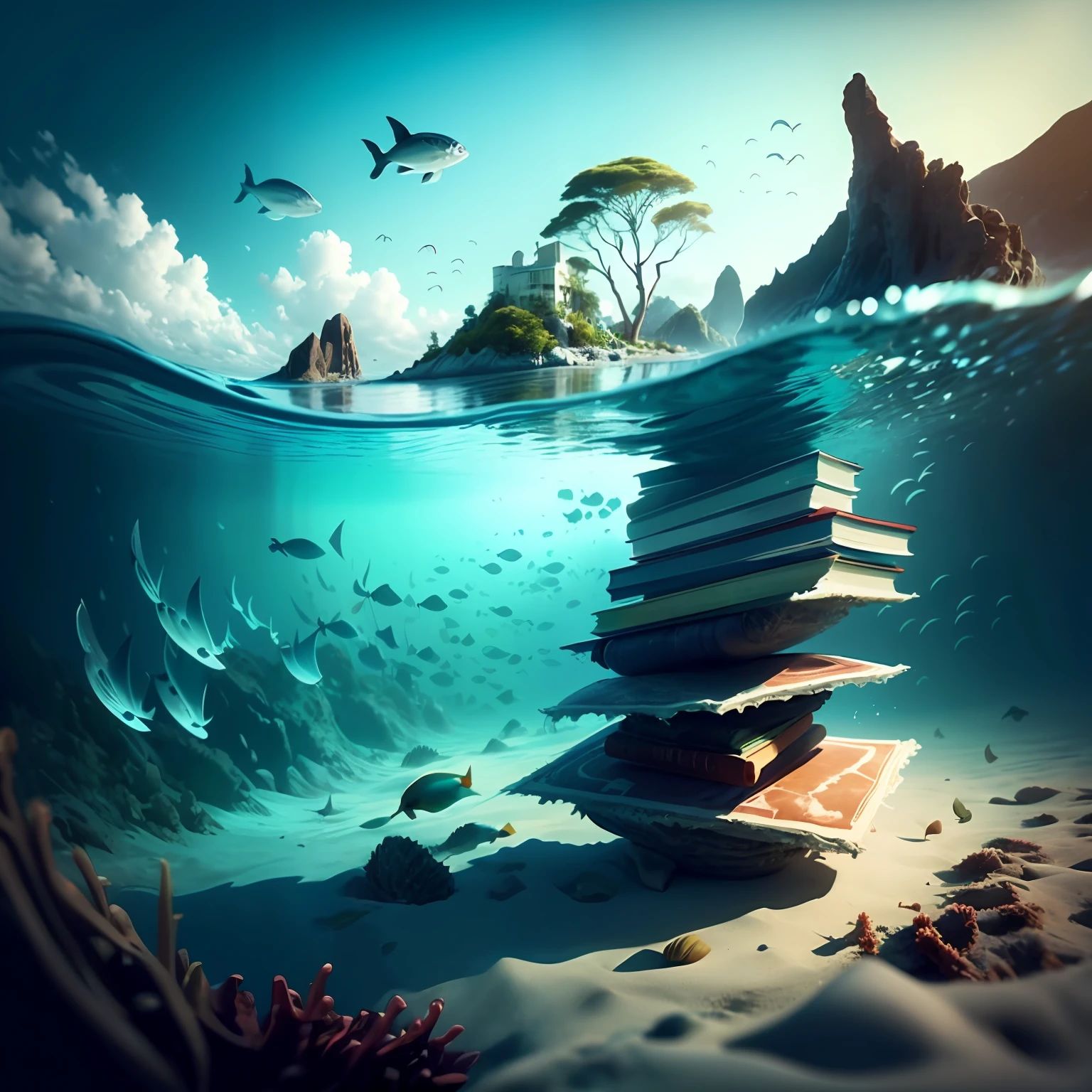 Create the ocean floor full of books