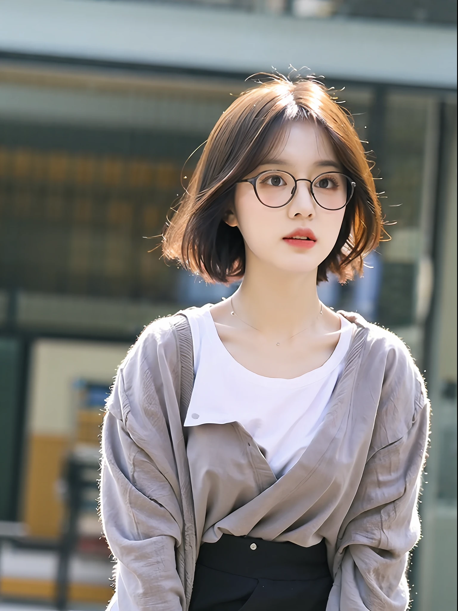 mix4, (8k, RAW image, best quality, masterpiece: 1.2), (realistic, realistic: 1.37) ,1girl, cute, landscape, night, professional lighting, short hair, glasses, white shirt, bust highlight, short black skirt, face focus, face detailed, UHD, black eyes, fair skin, asian gir, portrait