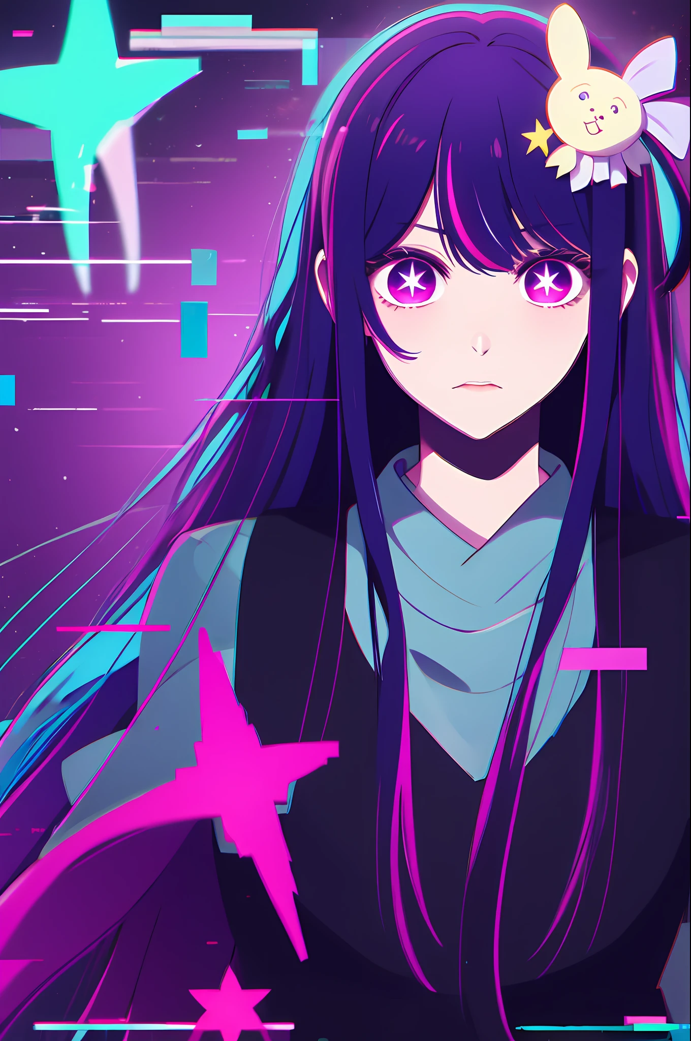 Hoshino Ai, long hair, purple hair, streaked hair ,purple eyes, star-shaped pupils, hair ornament,
Glitching, glitch