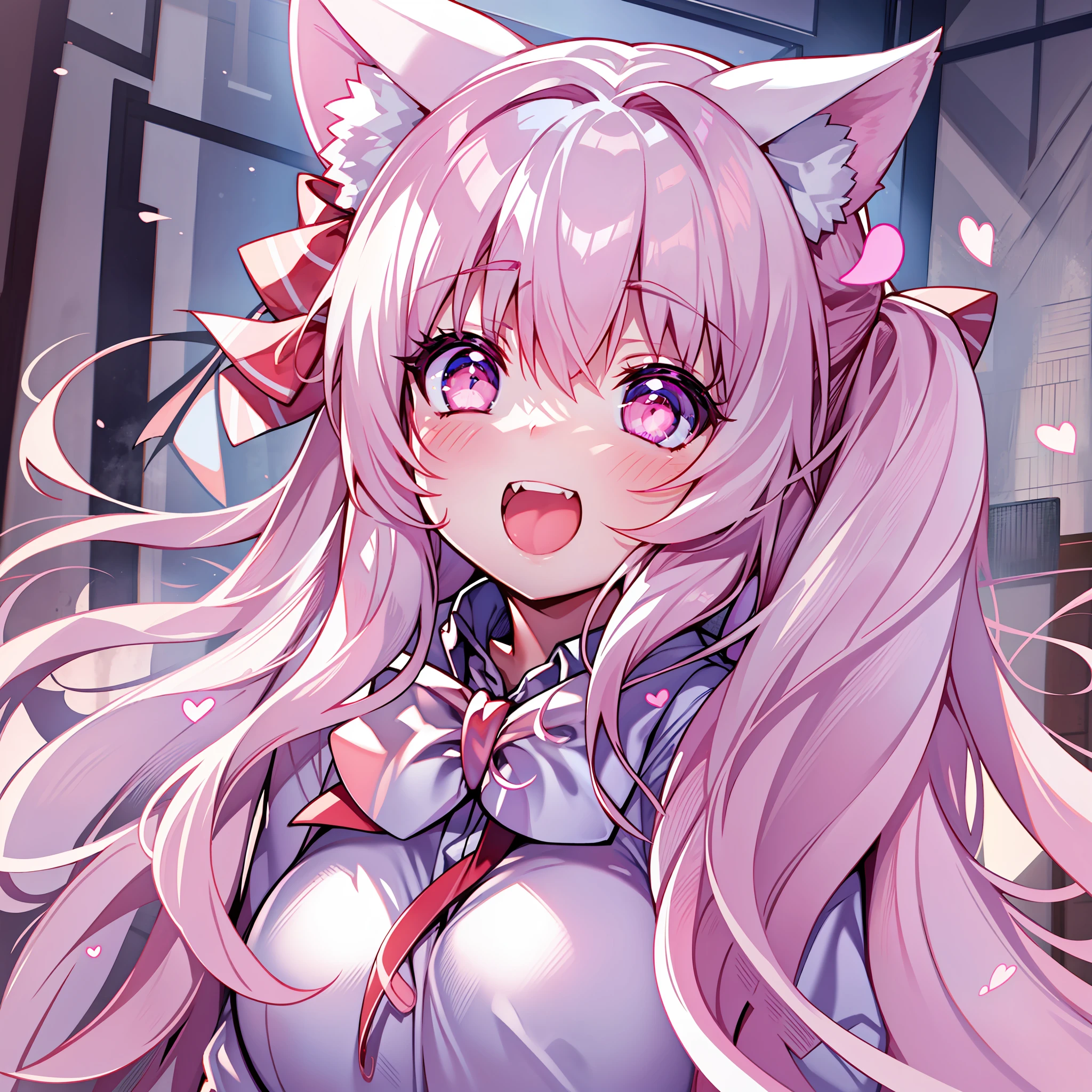 masterpiece,best quality,official art,extremely detailed CG unity 8k wallpaper, huge_filesize, Chinese, {{{loli}}}, {{{solo}}}, light, absurdly long hair, pink hair, white hair, {hair bow}, light blush, pink eyes,light school uniform, heart in eye, glowing eyes, cat_ears, open mouth, happy, teeth,{headpic},facing_viewer