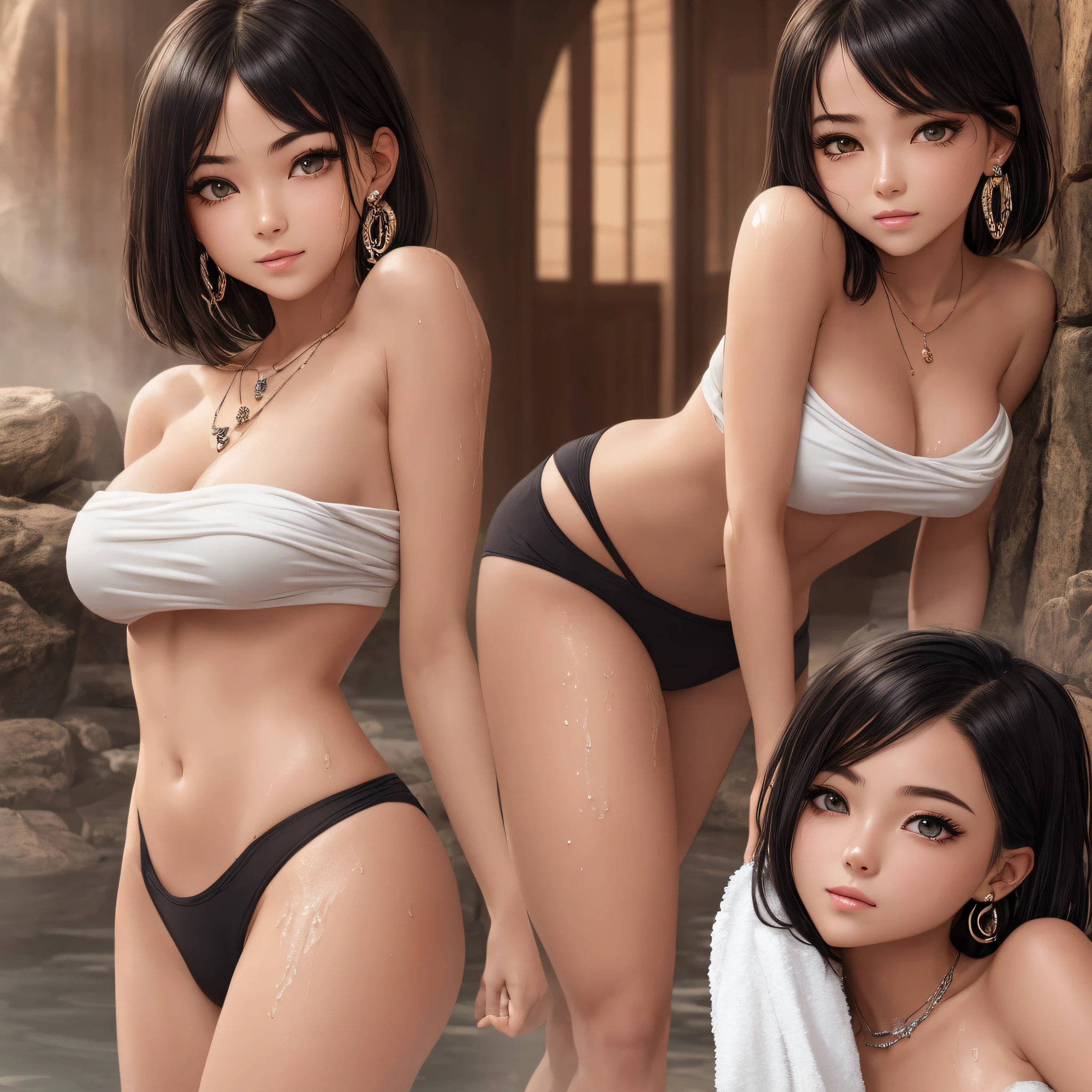 (8k, RAW photos, top quality, masterpiece: 1.2), ultra detailed, super resolution, (real, real photos: 1.37), portraits, high definition RAW color photos, professional photos, very detailed and beautiful, highly detailed, 8k wallpapers, amazing details, huge file size, official art, highly detailed CG Unity 8k wallpapers, highly detailed beautiful girls, highly detailed facesHighly detailed eyes, very detailed skin, highly detailed fingers, very detailed nose, highly detailed detailed mouth, perfect anatomy, detailed background, detailed clothes, one girl, (20:1.2), 20s, cute girl, realistic body, ((petite)))), white skin, glowing skin, slim body, black hair, short hair, (dull bangs: 1.2), smile, cute, youthful, cute face, realistic face, Delicate eyes, sagging eyes, (((naked with a towel)), (onsen)), (braless)))), (WET BODY)), (bend over and take off panties)), ((wet hair)), (arms crossed behind the head)))), (legs spread))), (sad expression))), (((sexy and dynamic pose)), see-through, necklace, earrings, Looking at camera, cowboy shots, contrapposs, dynamic lighting, G-cup breasts, --auto