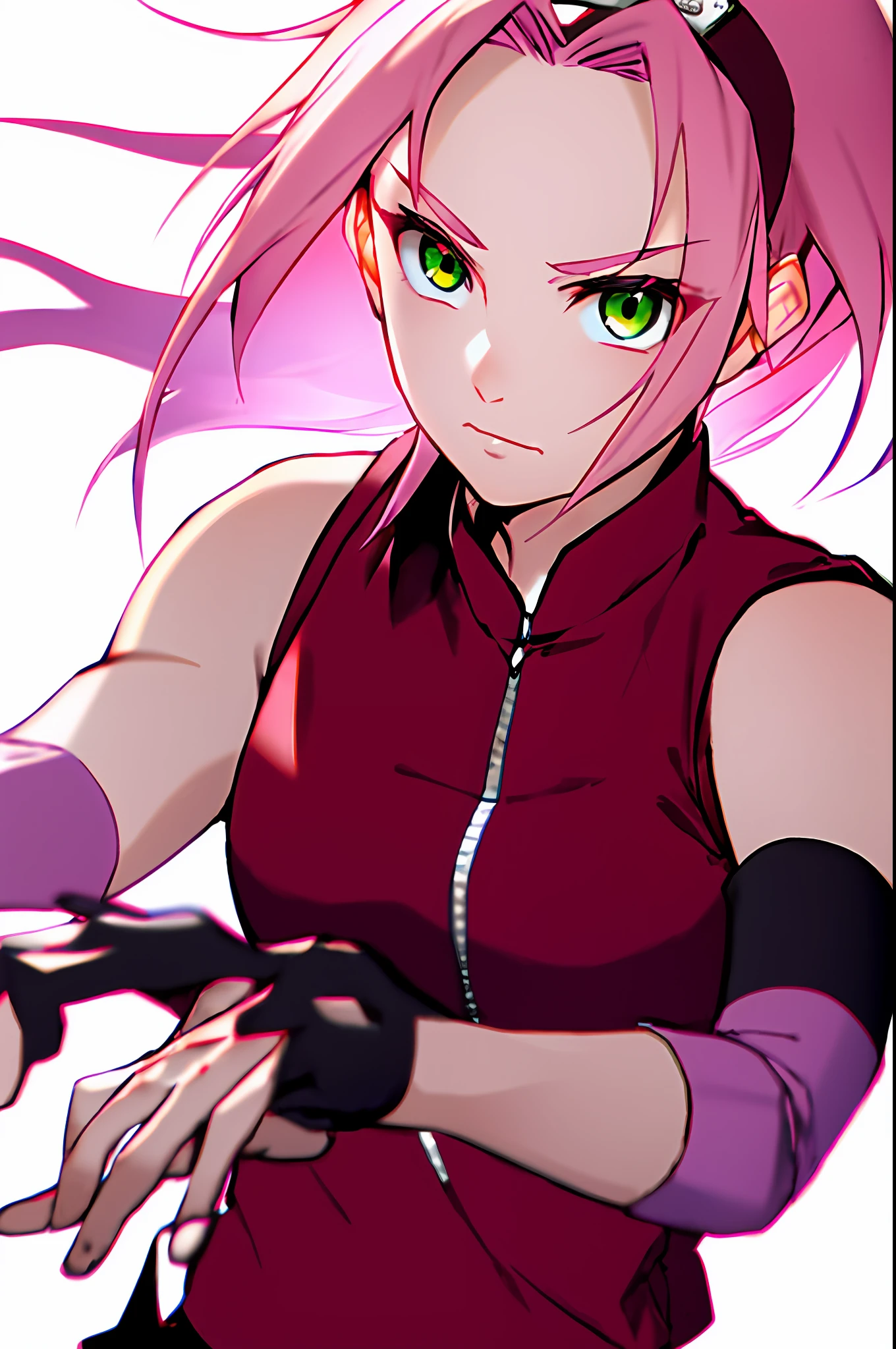 haruno sakura, naruto \(series\), naruto shippuuden,

1girl, konohagakure symbol, bangs, breasts, closed mouth, elbow sleeve, eyes visible through hair, floating hair, forehead protector, foreshortening, green eyes, hair intakes, hairband, looking at viewer, parted bangs, pink hair, red shirt, shirt, short hair, sleeveless, sleeveless shirt, small breasts, solo, upper body, v-shaped eyebrows, white background, wind, portrait
, ((masterpiece))