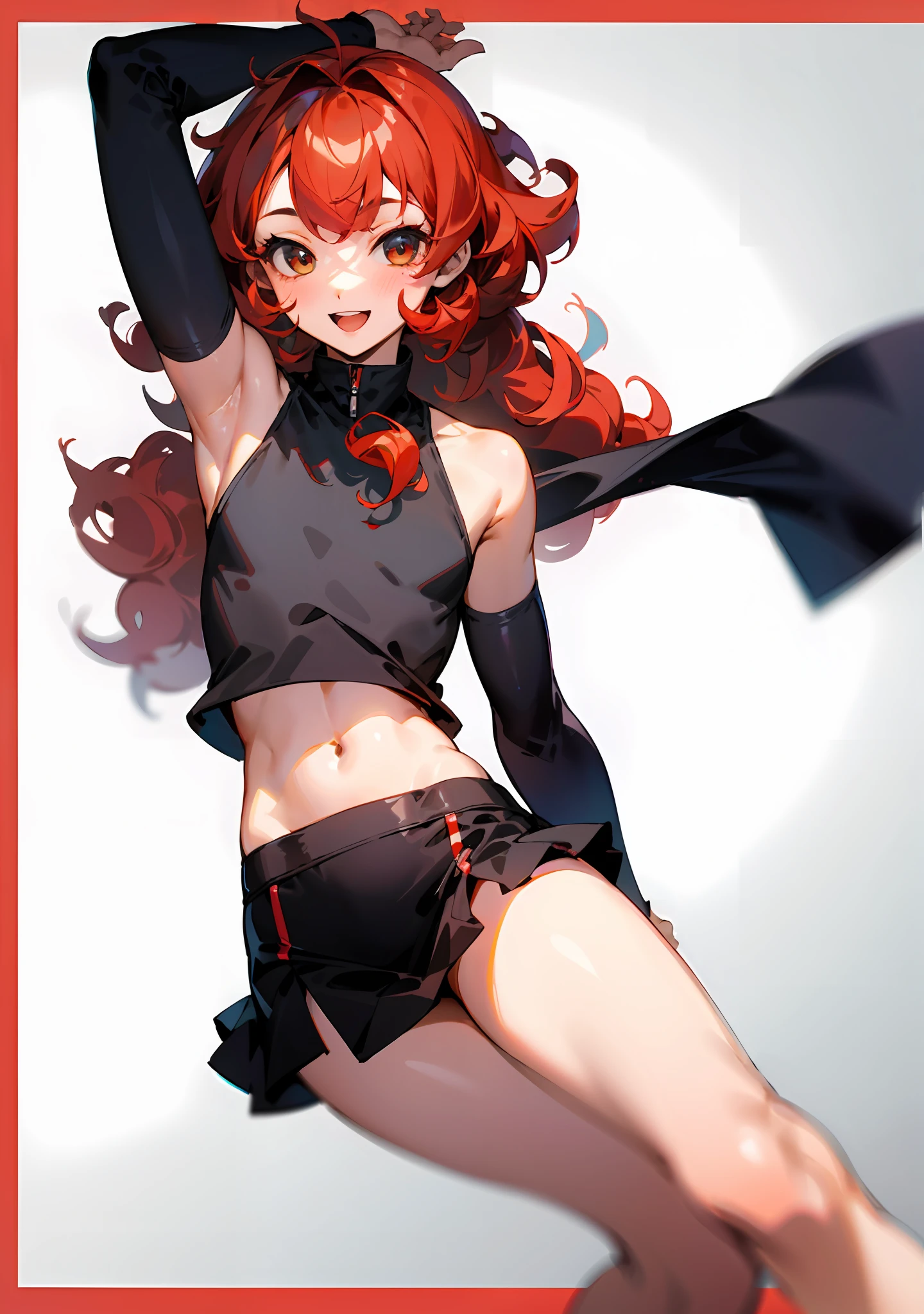 girl, black clothes, bare shoulders, navel, legs, thighs, mini skirt, small cropped, red hair, curly hair, long hair, 14 years, sexy, happy