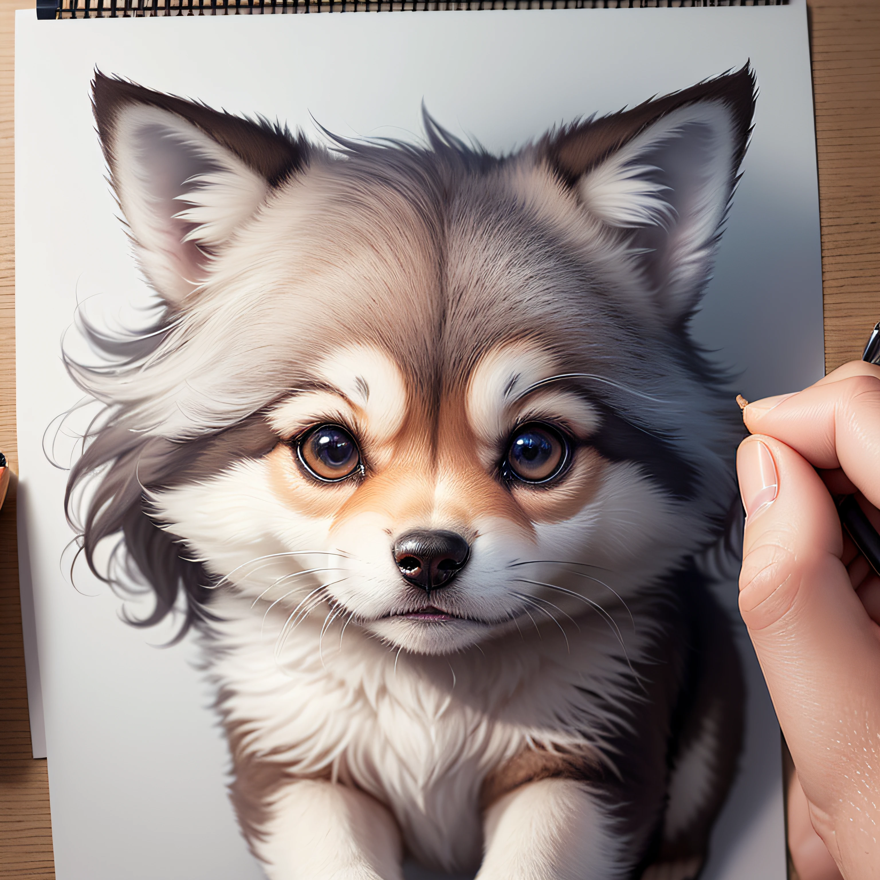 Generate an image of an adorable cub wolf with goosebump hair in a drawing style. The image should appear to have been drawn on a blank sheet of paper. Use soft, smoky colors to add a delicate touch. Be sure to capture the puppy's cute expression and the texture of its goosebump fur. The drawing should convey a sense of tenderness and charm.