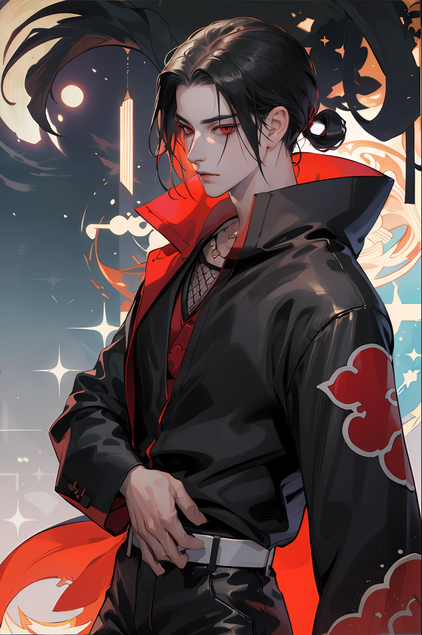boy, (masterpiece), beautiful body, model, detailed face, detailed skin, front, unzoom, hyper-detailed painting, luminism, complex, Artgerm, , magic boy, Itachi, full outfit, leather pants, studded fashion harness belt