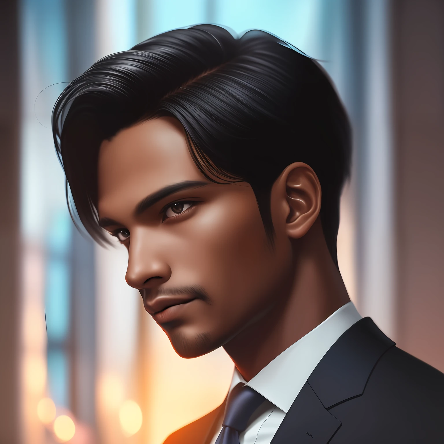 Close portrait of dark-skinned man, indigenous, short hair, straight hair, elegant [undercucho] in tailored suit - futuristic style, intricate baroque detial, elegant, bright lights, highly detailed, digital painting, artstation, concept art, soft, sharp focus, illustration, art by wlop, mars ravelo and greg rutkowski (highly detailed skin: 1.2), 8k uhd, dslr, soft lighting, high quality,  film grain, Fujifilm XT3 mix4