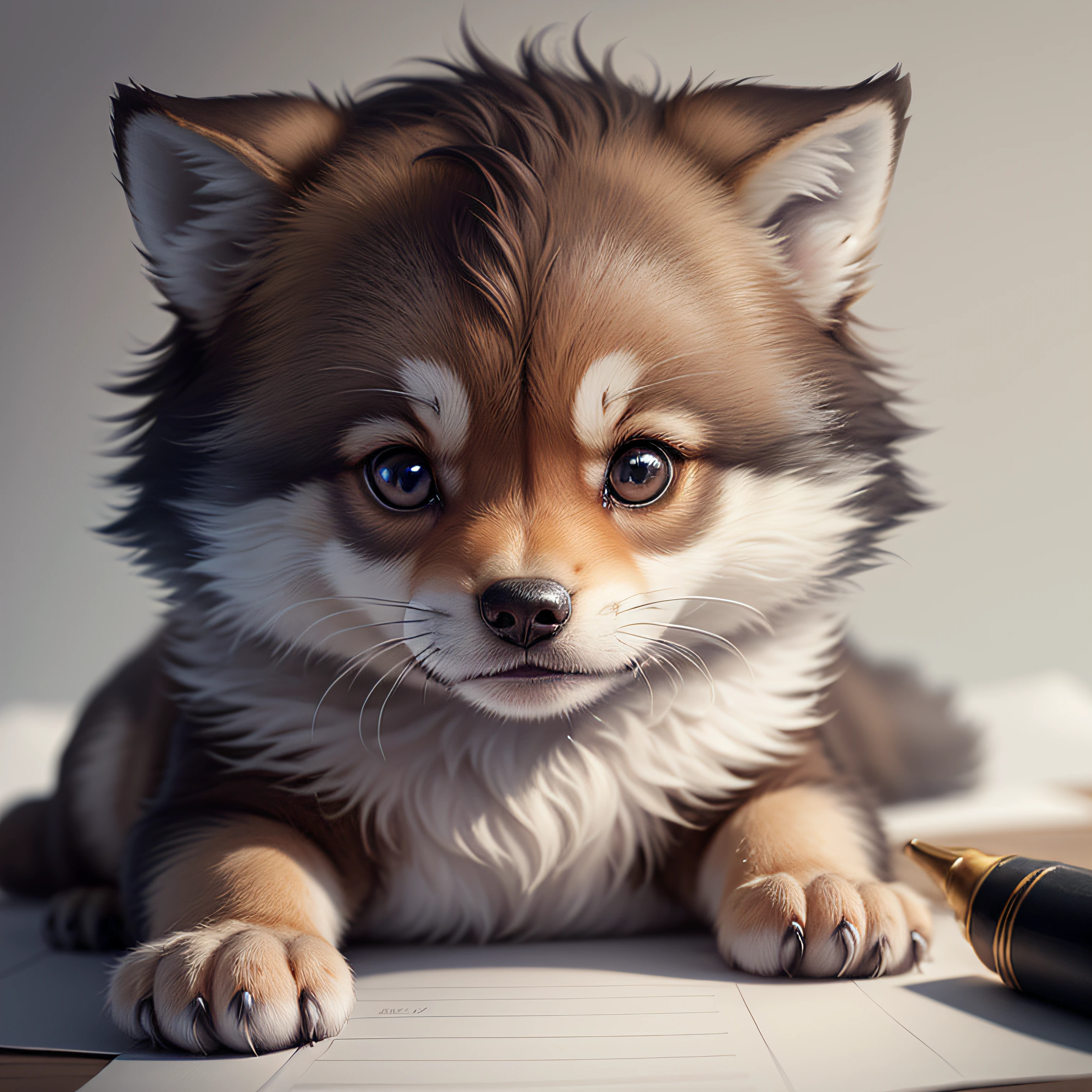 Generate an image of an adorable cub wolf with goosebump hair in a drawing style. The image should appear to have been drawn on a blank sheet of paper. Use soft, smoky colors to add a delicate touch. Be sure to capture the puppy's cute expression and the texture of its goosebump fur. The drawing should convey a sense of tenderness and charm.