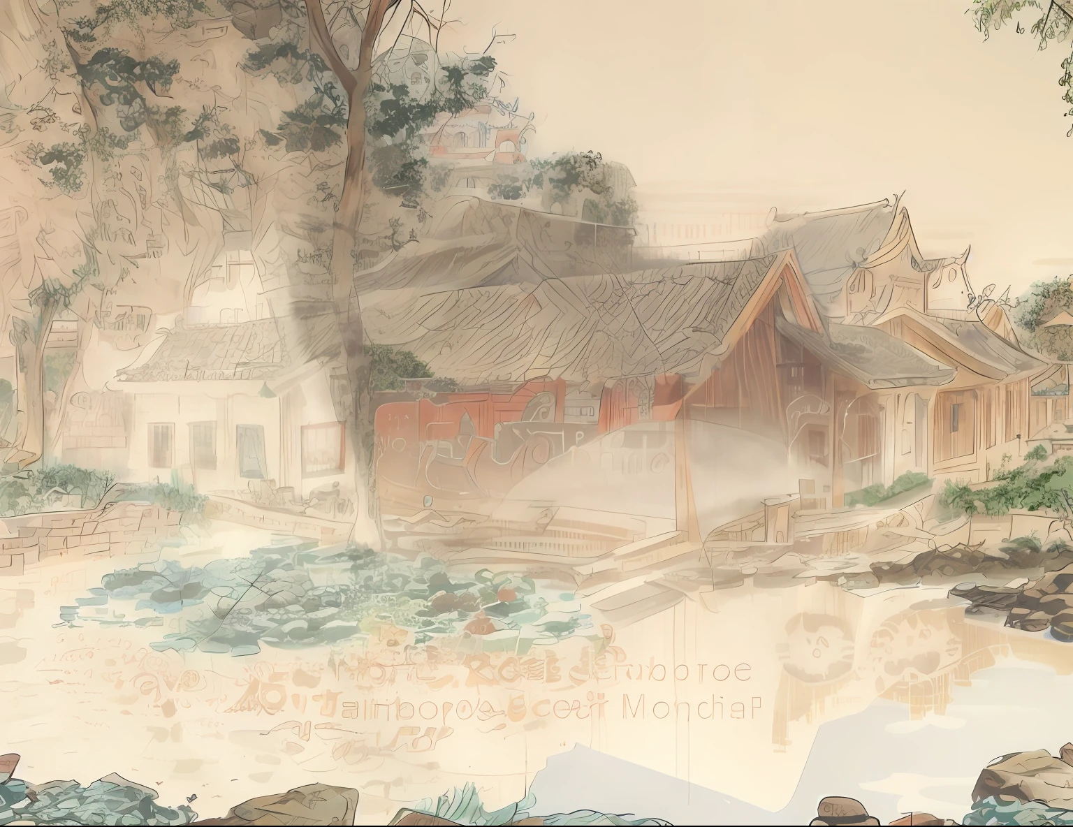 there is a pond in front of a building with a pond in front of it, ancient chinese architecture, beautiful ancient garden behind, tang dynasty palace, chinese architecture, old asian village, chinese village, dreamy chinese town, chinese palace, ancient city of white stone, zhouzhuang ancient town, chinese building, with a fishpond and courtyard