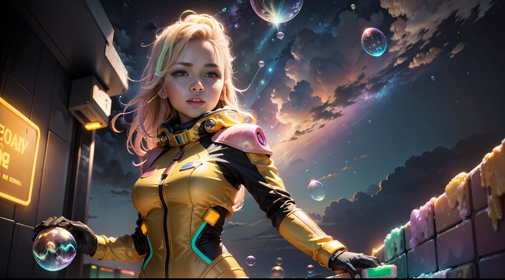 hd masterpiece, one standing woman space cadet looking at camera, detailed face, mid shot, golden suit, ((colorful clouds)) and (((neon soap bubbles))), jungles background