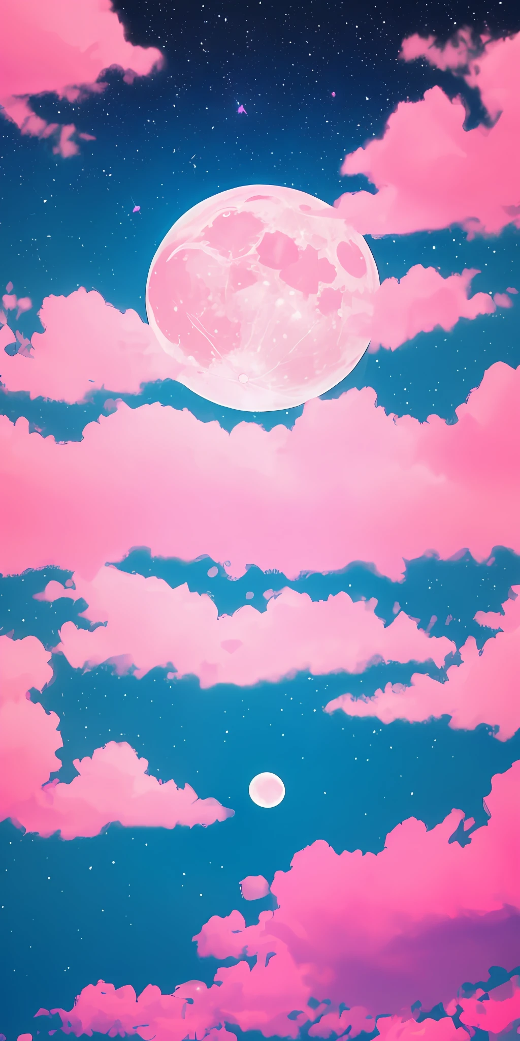 Pink moon, pink sky, soft pink clouds, pink ocean waves sparkling, sparkling, pink roses on pink ocean, fantasy, diamond, crown, universe, soft lights,