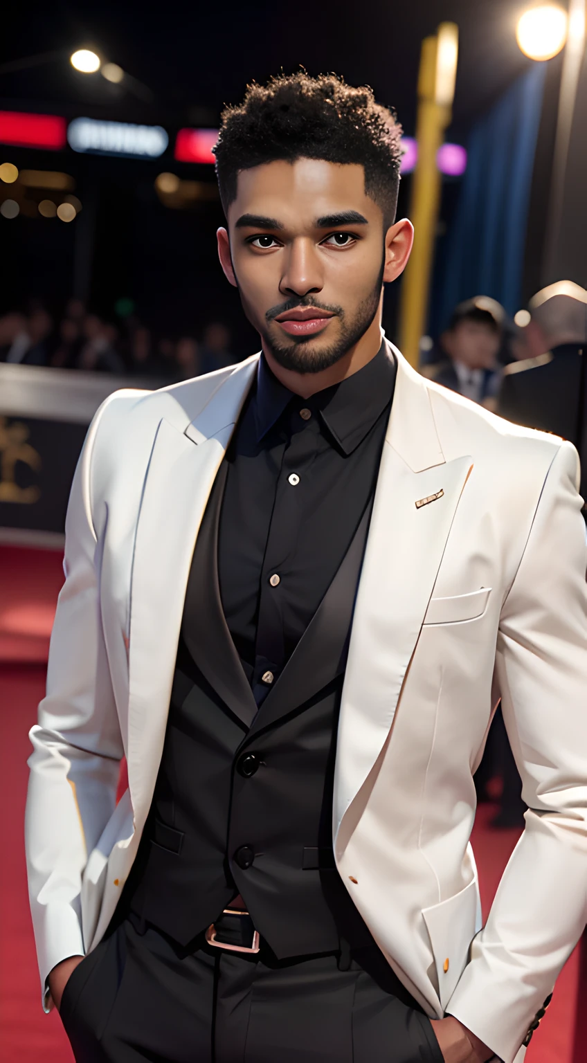 (cowboy shot), (one man), (Negro handsome muscular young man in his 20's) , Negro handsome gentleman in a white tuxedo, standing on the red carpet at the Academy Awards , mischievous smile, (small details: 1 in 1), natural muscles, higher quality, beautiful eye, (Detailed face and eyes), (face、: 1 of 2), noise, real pictures、... ...PSD, Sharp Focus, High Resolution 8k, Real & Professional Photography, 8K UHD, Soft Lighting, High Quality, Film Grain, FUJIFILM XT3