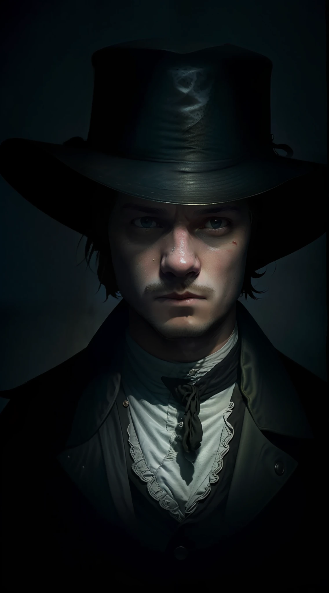 "A realistic 8k image of Jack the Ripper, wearing a hat that covers his eyes and making direct eye contact with the viewer, portrayed in a dark and mysterious style."