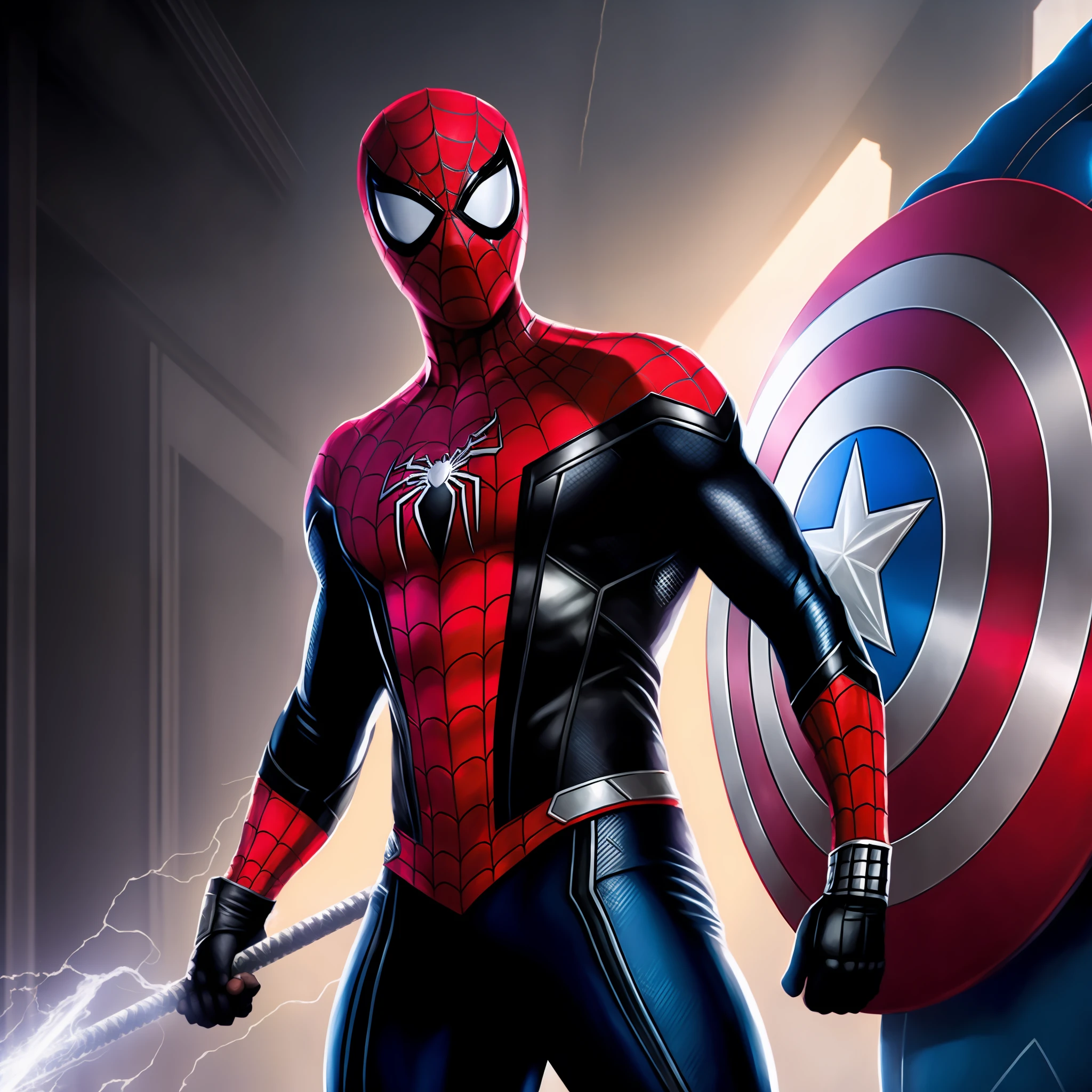 Miles Morales' Spider-Man holding Thor's Hammer and holding Captain America's shield in powerful black futuristic suit and 4k