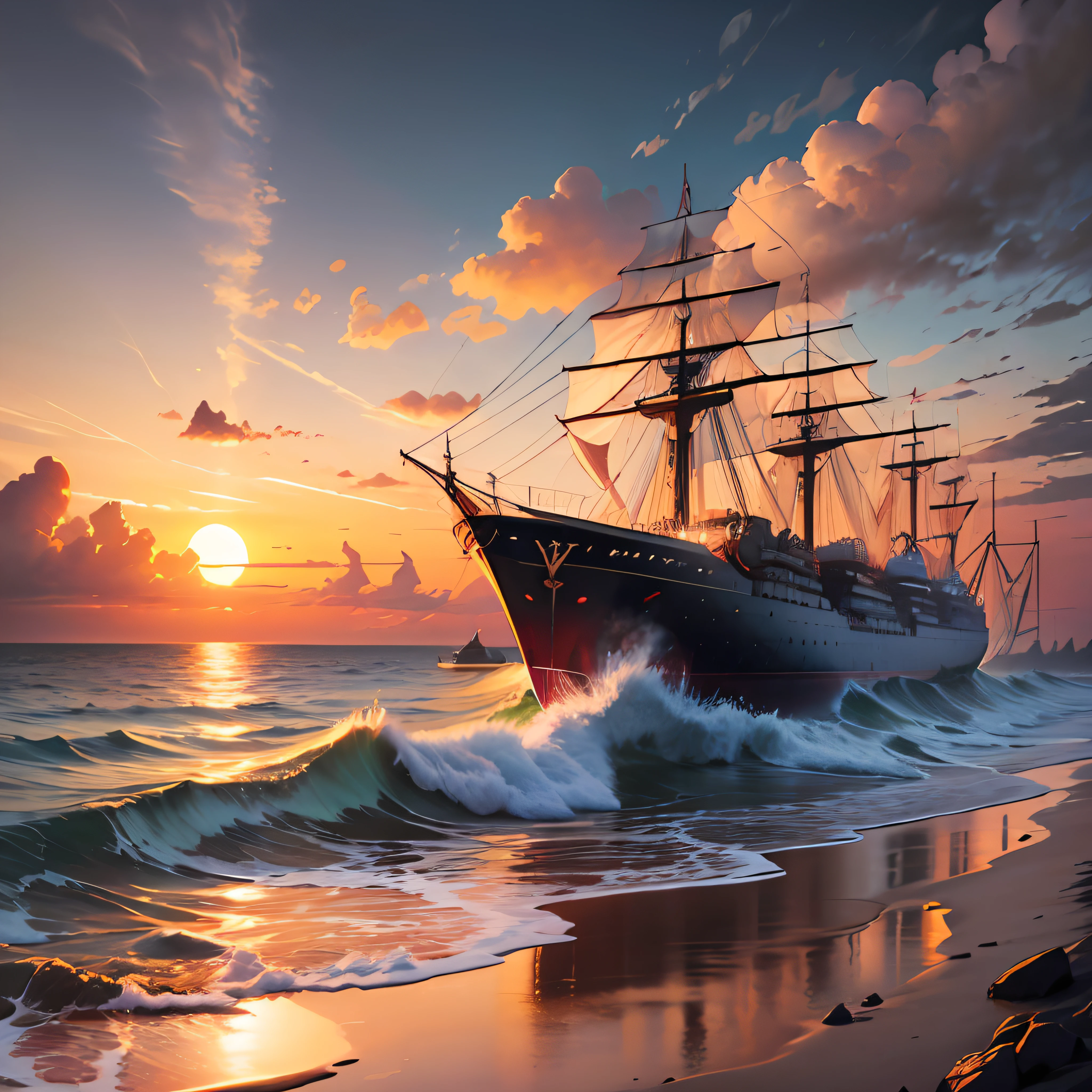 Painting of a ship on the ocean with a sunset in the background, detailed cover art, --Air 17:12 --auto